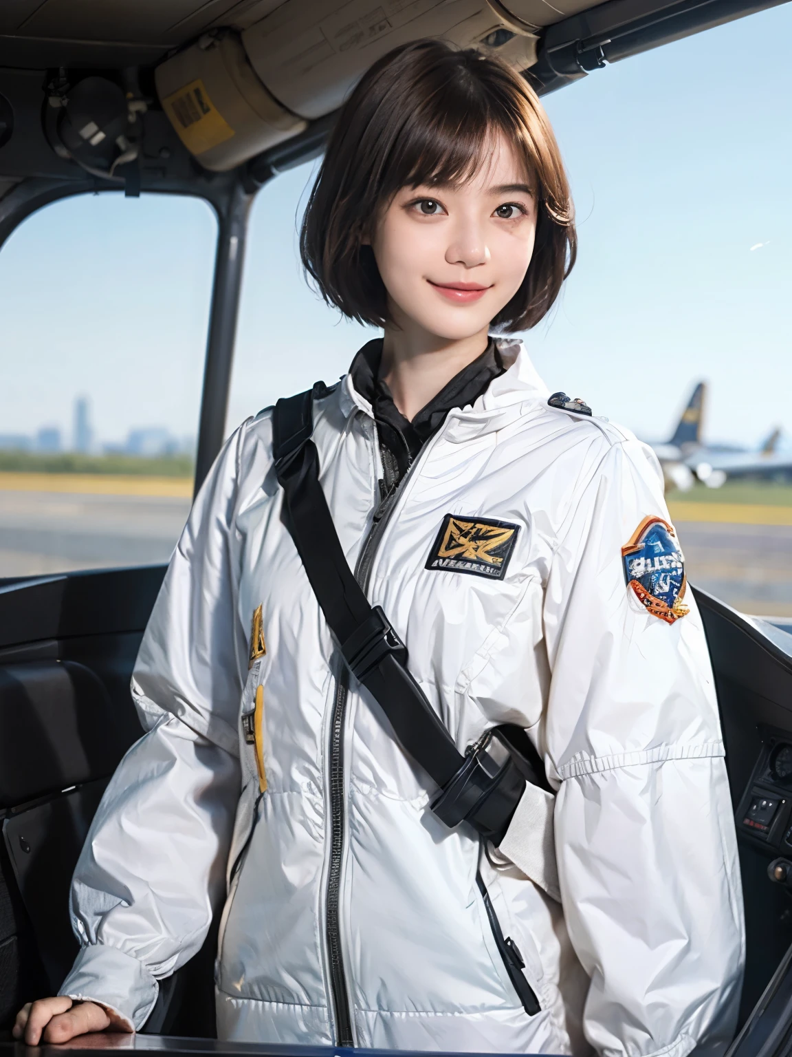 164
Shorthair, (a 20 yo woman, standing), A hyper-realistic, gentle smile, sci-fi cool suit, (口紅), in the cockpit of an old fashioned fighter aircraft