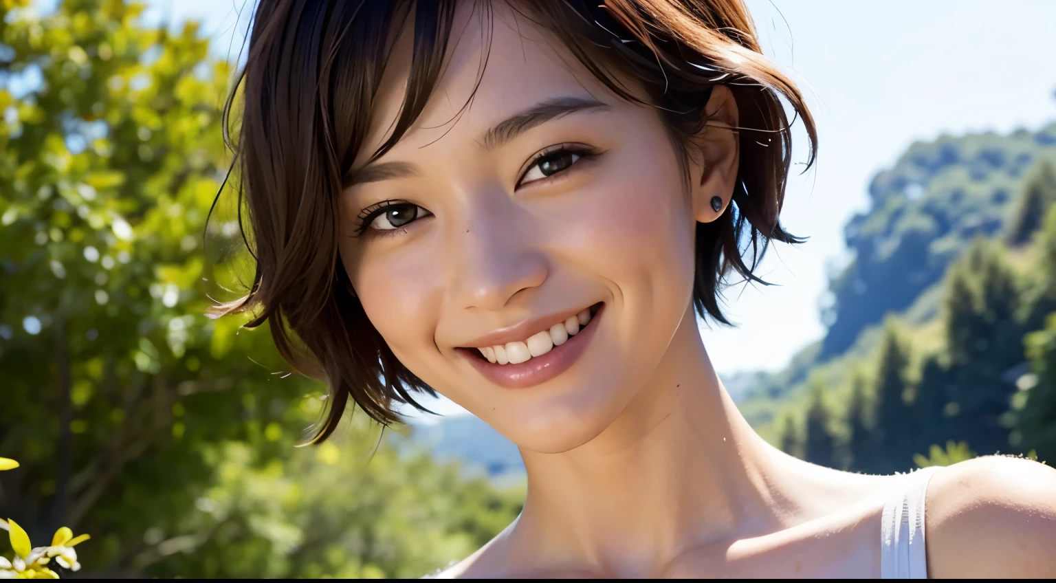 best quality, masterpiece, ultra high res, (photorealistic:1.4), raw photo, 1girl, beautiful Japanese woman, beautiful skin, black hair:1.7, gakki, ((short hair:1.5)), 30 years old, happy laughing:1.2, micro bikini