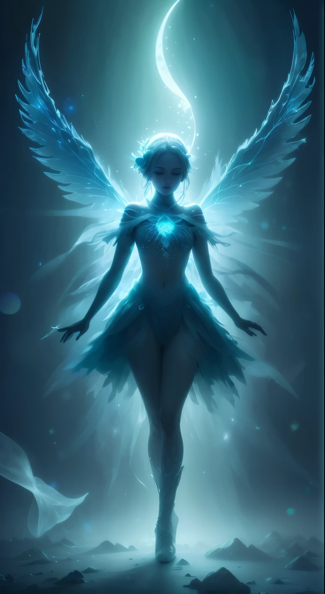 frozen wings, ice crystals, frost, moon glow, blue fog, moon beams, blue-green light beams, bioluminescent light Merging seamlessly in an ethereal dance, the elusive concepts of quantum physics intertwine with the mystique of nature in a dreamlike state. The sfumato effect blurs the boundaries between reality and imagination, shrouding the scene in enigmatic mystery. This intricate image, perhaps a painting, captivates with its delicate balance of scientific precision and dreamy ambiguity. Every detail is meticulously rendered, each element exuding a sense of transcendence and wonder. Its high quality craftsmanship evokes a sense of awe and curiosity, inviting viewers to lose themselves in its otherworldly beauty, whimsical lighting, enchanted ambiance, soft textures, imaginative artwork, ethereal glow, silent Luminescence, whispering Silent, vibrant background, by Skyrn99, full body, (((rule of thirds))), high quality, high detail, high resolution, (bokeh:2), backlight, long exposure2