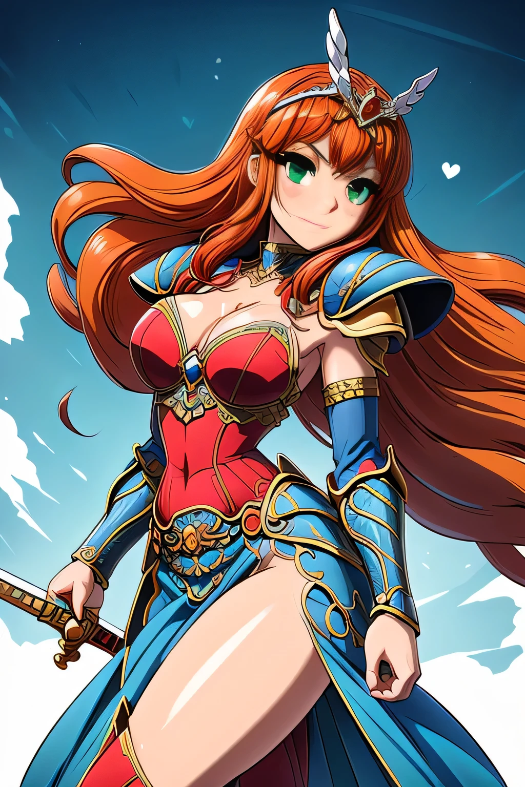 (masterpiece, highest quality:1.2),Lucia,1 girl,alone,green eyes,orange hair,very long hair,red armor dress,cowboy shot,wing tiara,((blue pelvic curtain armor)),((blue waist armor)),blue shoulder armor,(blue cuff),blue knee boots,pauldron,blue armor belt,with a sword