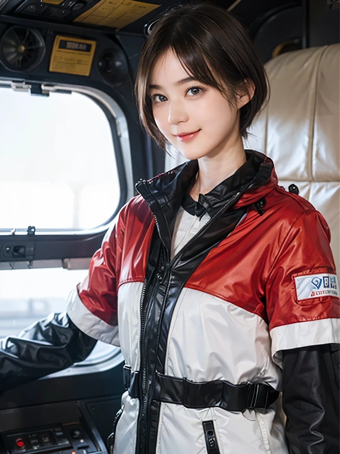 164
Shorthair, (a 20 yo woman, standing), A hyper-realistic, gentle smile, sci-fi cool suit, (口紅), in the cockpit of an old fashioned fighter aircraft
