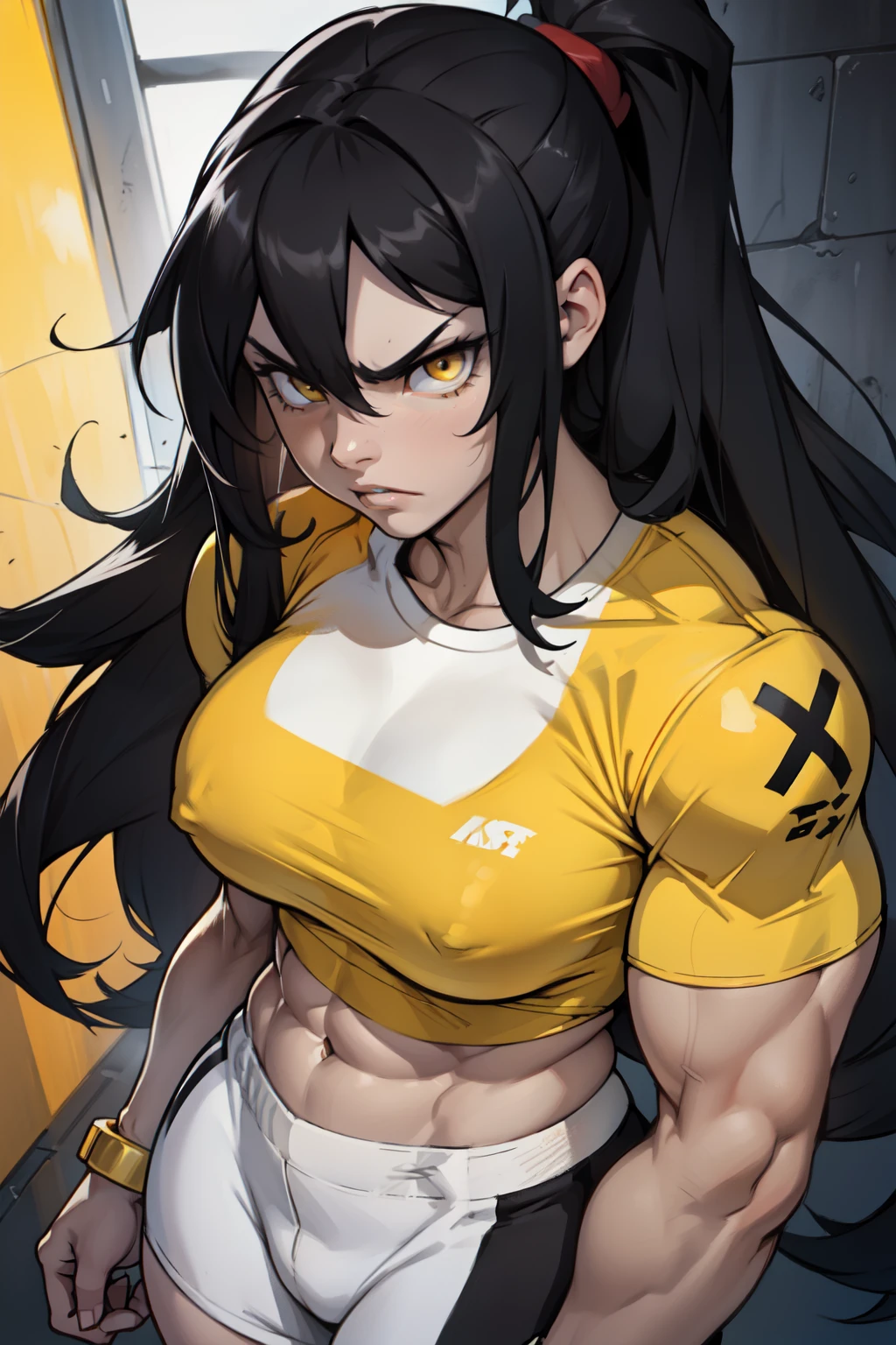 angry ((((1girl)))) (((bodybuilder))) pale skin black hair very long hair yellow eyes