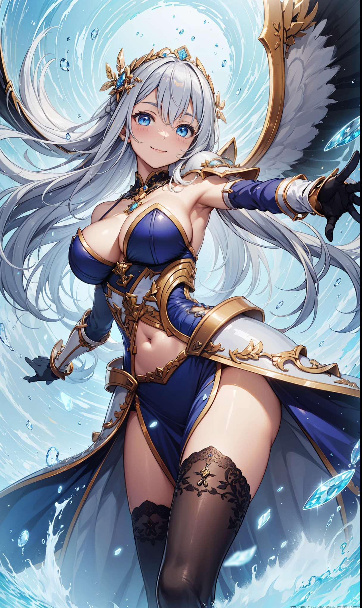 more mature women,young,Elegant and charming,charm,in love,(女武神armor),black gloves,silver hair,Smile,blue eyes,Complex design,super ultra detail,top quality,armor,Crushed rough stone,magic effects,Exotic decoration,Exquisite hair accessories,Transparent lace,Sky blue pattern,light stripes,dress nicely,Heaven,holy light,Carved suspender boots,Super super details,holy mist,light particles,Exquisite and beautiful eyes and face,Dynamic angle