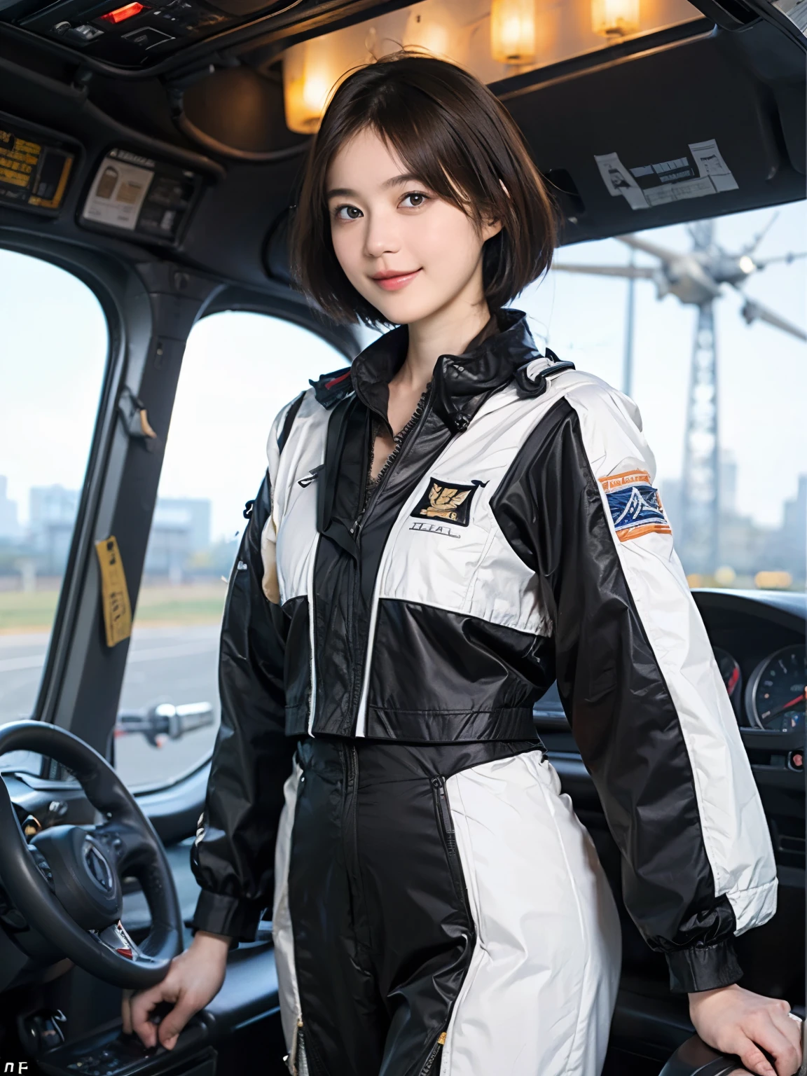 164
Shorthair, (a 20 yo woman, standing), A hyper-realistic, gentle smile, sci-fi cool suit, (口紅), in the cockpit of an old fashioned fighter aircraft