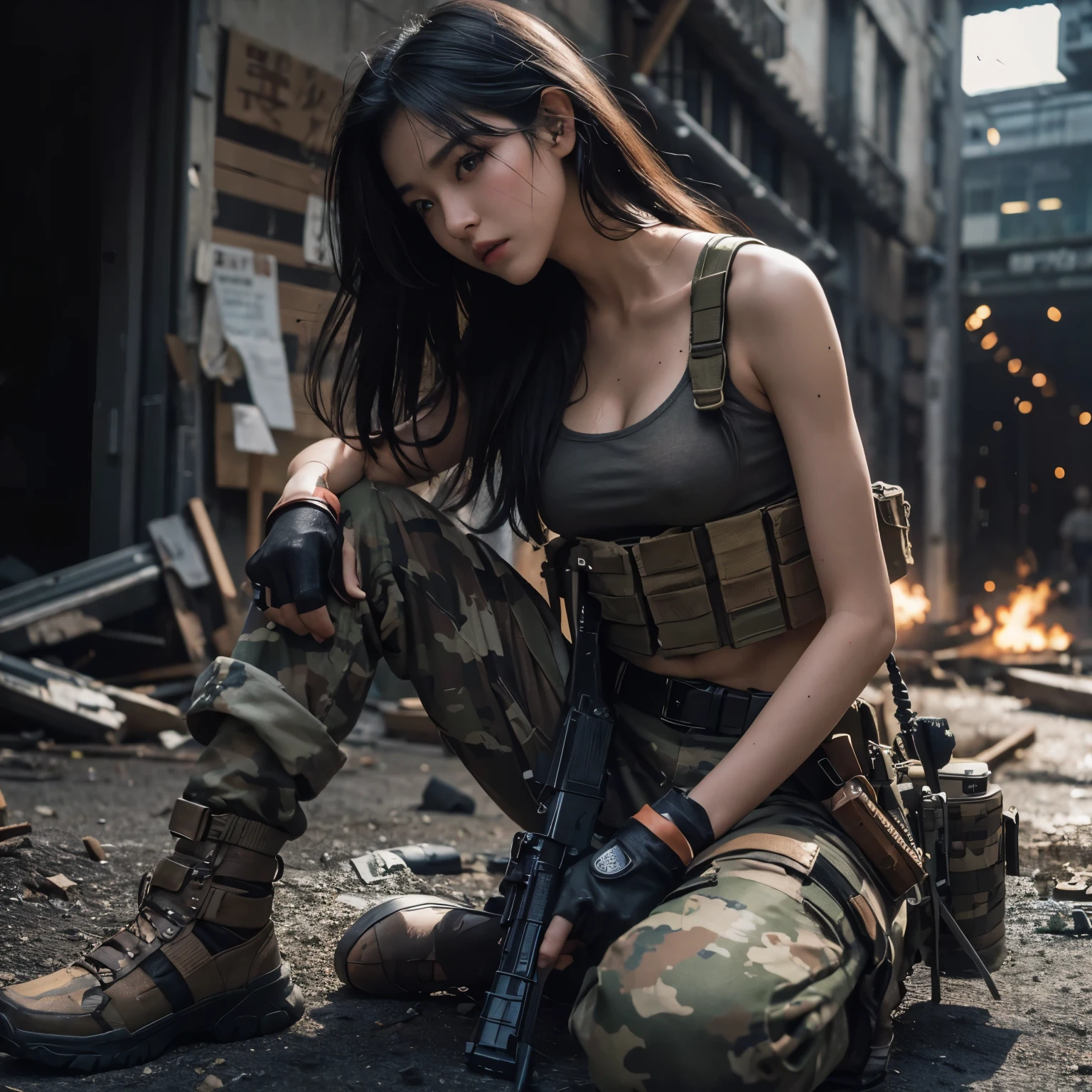 25 years old japan beauty full body shoot, wide shoot, action battle pose full body of fictional character: sweet but dirty face by dust, a beauty japanese girl with long hair wearing khaki tanktop & dessert camouflage motif military pants, with tactical suit & military belt full of weapon accessories & parts, cool intense expression, posing in city ruins warzone, dystopia sparks smoke under siege cinematic background, hyper realistic photo,(((long black hair))), action pose, blue eyes, sweaty moist skin body & face, skin texture pore, bruised battered, ripped clothes, battle hurt, japanese beauty girl, black hair moving by winds, (8K, High resolution,ultra-quality, An ultra-high picture quality, Ultra realistic, Best Quality, master piece:1.2), big breast, nipple see thru clothes, trained properly holding a tactical m-16 weapon fully loaded ready to shoot attack, battle mode gesture, eyes visible through hair, Proper eye position, Cinematic Light, Soft light, lower back, detailed color graded background, Convoluted, highly detailed, 8K, Overall silhouette, day dramatic warzone scene, high detailed, wallpaper quality, good anatomy, correct body, hand & fingers anatomy (lora:add_detail:0.8) hyper realistic scenery moment detail sharp, Fujifilm XF 56mm f/1.2 R Lens. HDR10 8K