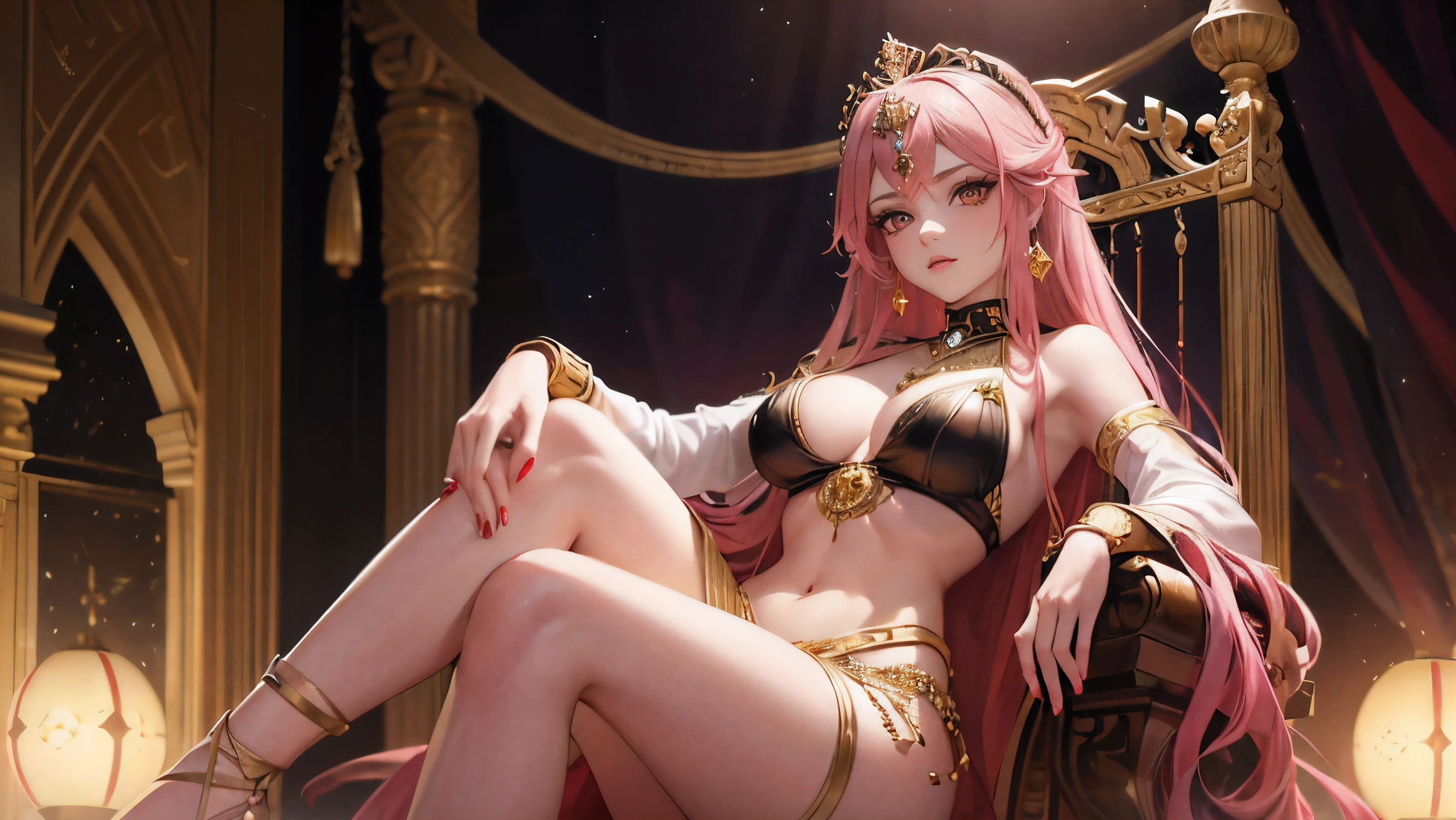 (Masterpiece, top quality, Best quality, Official art, beautiful and aesthetically pleasing:1.2), (1 girl), extremely detailed, pink hair, Red eyes, black eyelashes, sitting on the throne ,golden tiara, Gold earrings, Gold necklace with ruby, Oriental dancer, Arabian fairytale interior, daemon, gin, colorful, As detailed as possible, desert and stars in the background, devastation