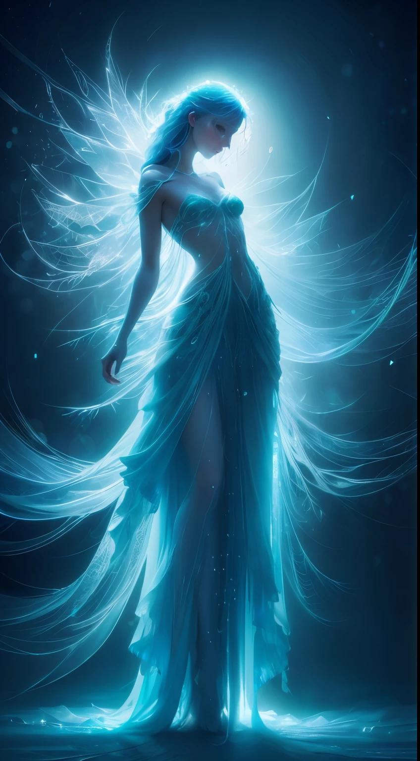 frozen wings, ice crystals, frost, moon glow, blue fog, moon beams, blue-green light beams, bioluminescent light Merging seamlessly in an ethereal dance, the elusive concepts of quantum physics intertwine with the mystique of nature in a dreamlike state. The sfumato effect blurs the boundaries between reality and imagination, shrouding the scene in enigmatic mystery. This intricate image, perhaps a painting, captivates with its delicate balance of scientific precision and dreamy ambiguity. Every detail is meticulously rendered, each element exuding a sense of transcendence and wonder. Its high quality craftsmanship evokes a sense of awe and curiosity, inviting viewers to lose themselves in its otherworldly beauty, whimsical lighting, enchanted ambiance, soft textures, imaginative artwork, ethereal glow, silent Luminescence, whispering Silent, vibrant background, by Skyrn99, full body, (((rule of thirds))), high quality, high detail, high resolution, (bokeh:2), backlight, long exposure2