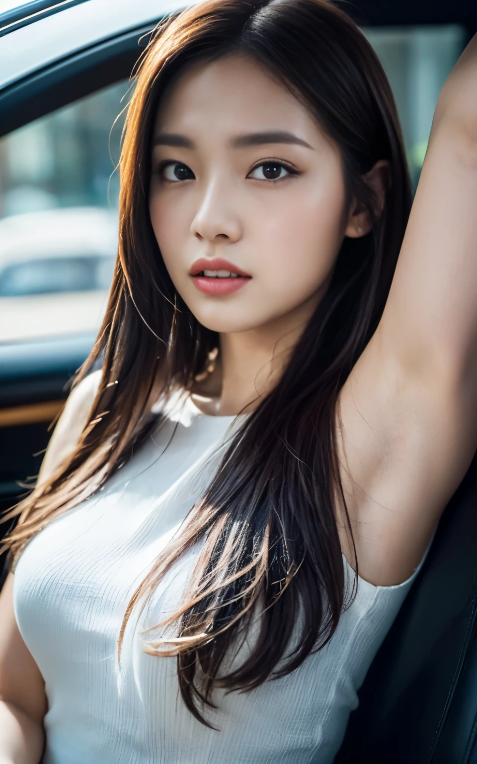 Highly detailed CG Unity 8k wallpaper, top quality, Super detailed, masterpiece, actual, photorealistic images, Very detailed cute girl, 25 years old, round eye, audience, blush, open lips, Upper body , armpit , a car、sitting ,