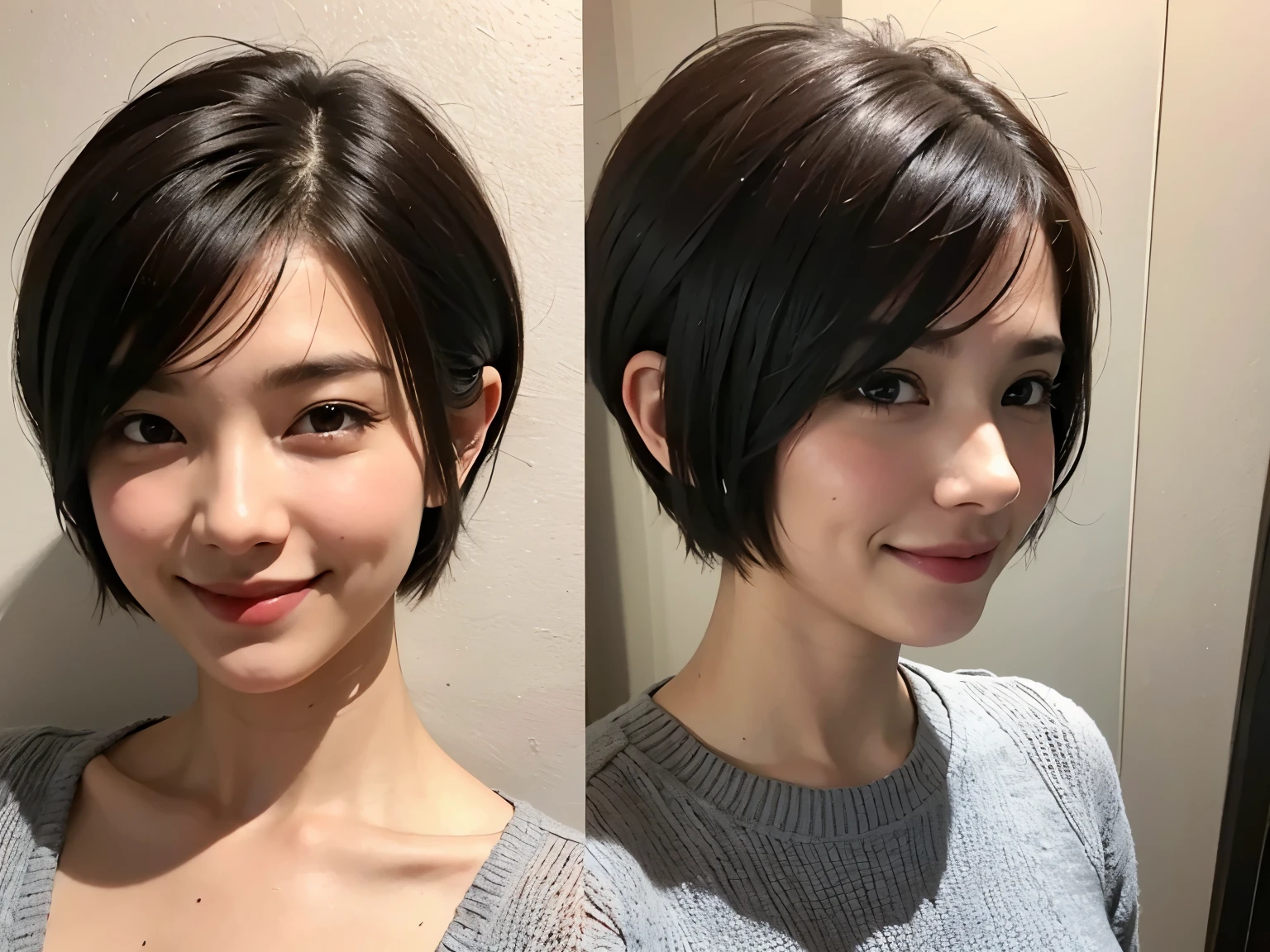 A woman with very short hair, pixie cut, smile