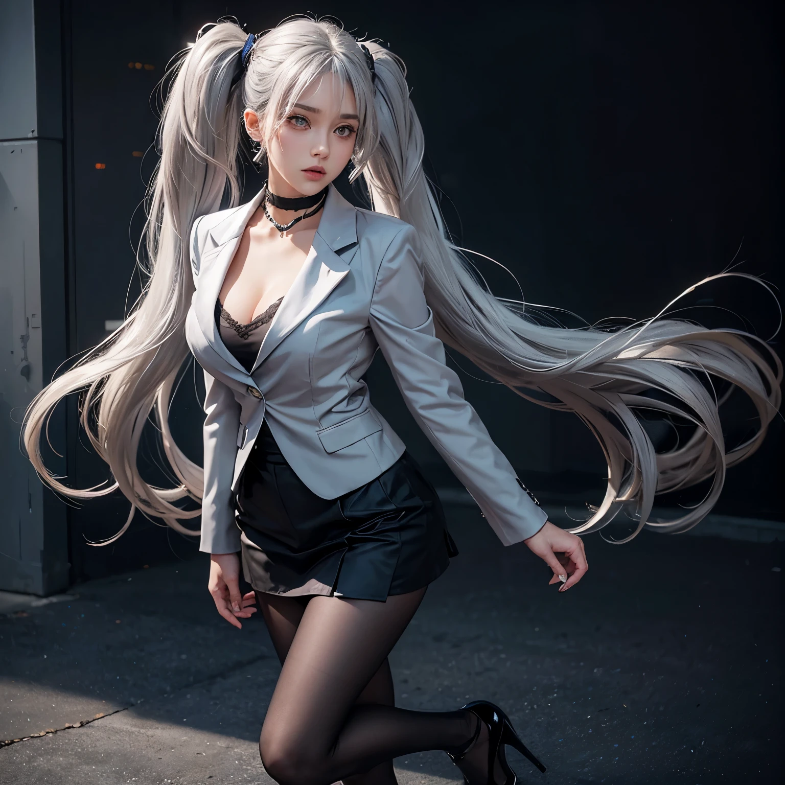 Alone,girl,gray hair,big breasts,blazer,tights,high heels,twin tails,thin legs,earrings,choker,I can see the whole body