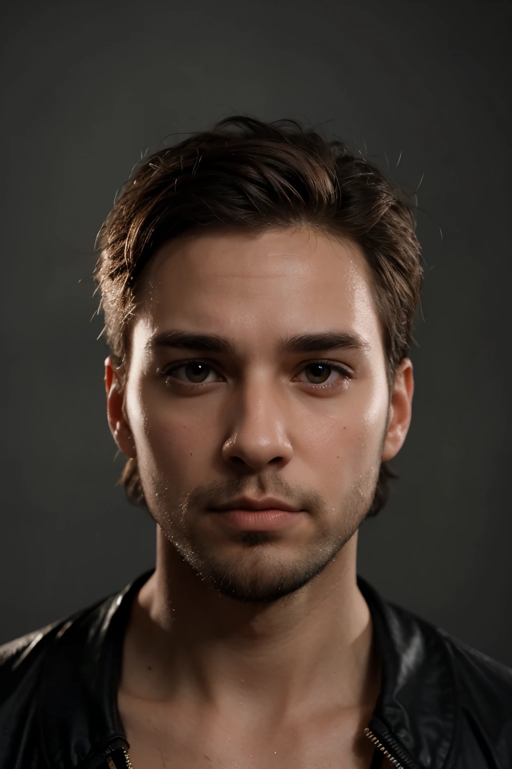 An image of a 31-year-old young man in 3D pixar-style with a drawn beard, gradient hair and brown skin, black eyes looking at the camera