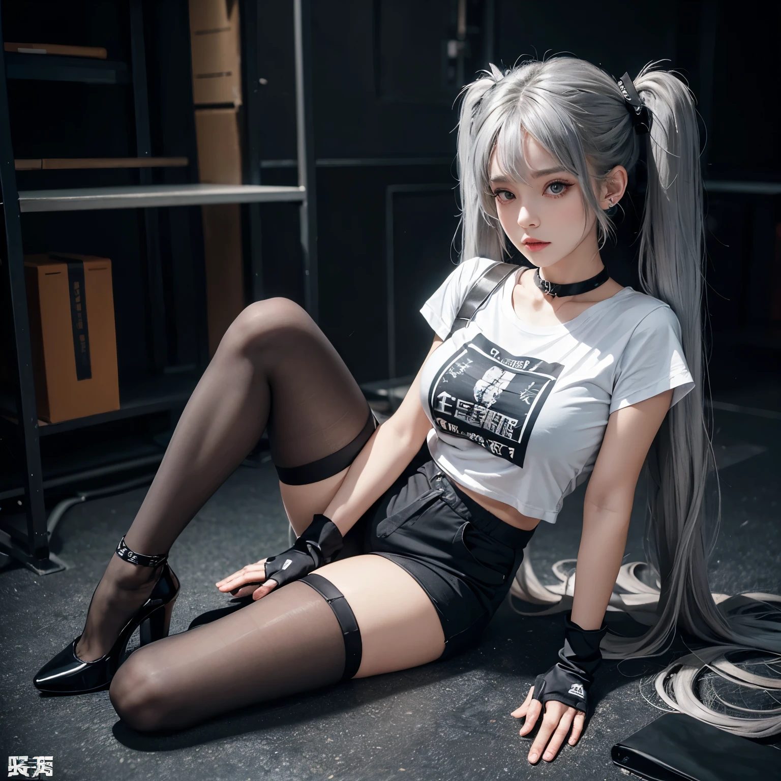 Alone,girl,gray hair,big breasts,T-shirt,glove,tie,tights,high heels,shorts,twin tails,thin legs,earrings,choker,I can see the whole body