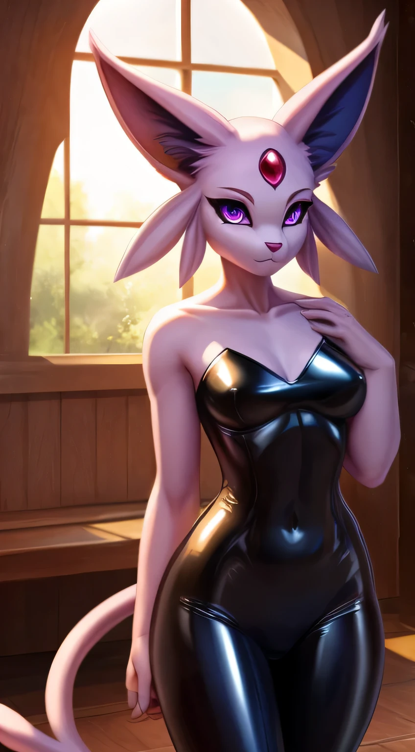 solo anthro, portrait, flat abs, medium hips, medium breasts, Epseon, wearing black latex bodysuit, Furry Fantasy Art, Anthro Art, Furry Art, POV furry Art, masterpiece 1.21, best quality, detailed image, bright colors, detailed face, perfect lighting, perfect shadows, perfect purple eyes, espeon ears, espeon tail, girl focus, flawless face, gorgeous body, center focus, full body, detailed fur, balanced coloring, global illumination, looking at viewer, standing pose, cute look, in a play room,