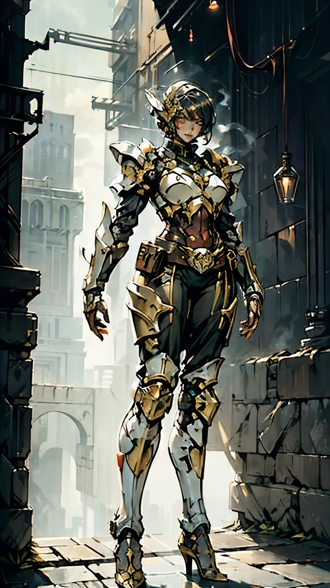 A woman adorned in fantasy-style full-body armor, a crown-concept fully enclosed helmet that unveils only her eyes, a composite layered chest plate, fully encompassing shoulder and hand guards, a lightweight waist armor, form-fitting shin guards, the overall design is heavy-duty yet flexible, (the armor gleams with a golden glow, complemented by red and blue accents), exhibiting a noble aura, she floats above a fantasy-surreal high-tech city, this character embodies a finely crafted fantasy-surreal style armored hero in anime style, exquisite and mature manga art style, (mixture of Queen bee and Spider concept Armor, plasma), ((Element, elegant, goddess, femminine:1.5)), metallic, high definition, best quality, highres, ultra-detailed, ultra-fine painting, extremely delicate, professional, anatomically correct, symmetrical face, extremely detailed eyes and face, high quality eyes, creativity, RAW photo, UHD, 32k, Natural light, cinematic lighting, masterpiece-anatomy-perfect, masterpiece:1.5
