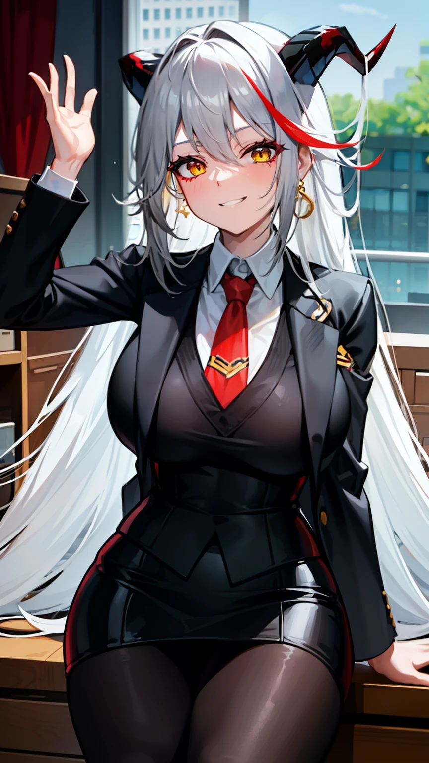 closed mouth, huge breasts, looking at the audience, white hair,,long hair,black horn,red multicolored hair,yellow eyes,,,,office lady,,grin,sitting,office room,standing,slim,business suit ,cowboy shot,,office lady,business suit,1 office worker,an office worker