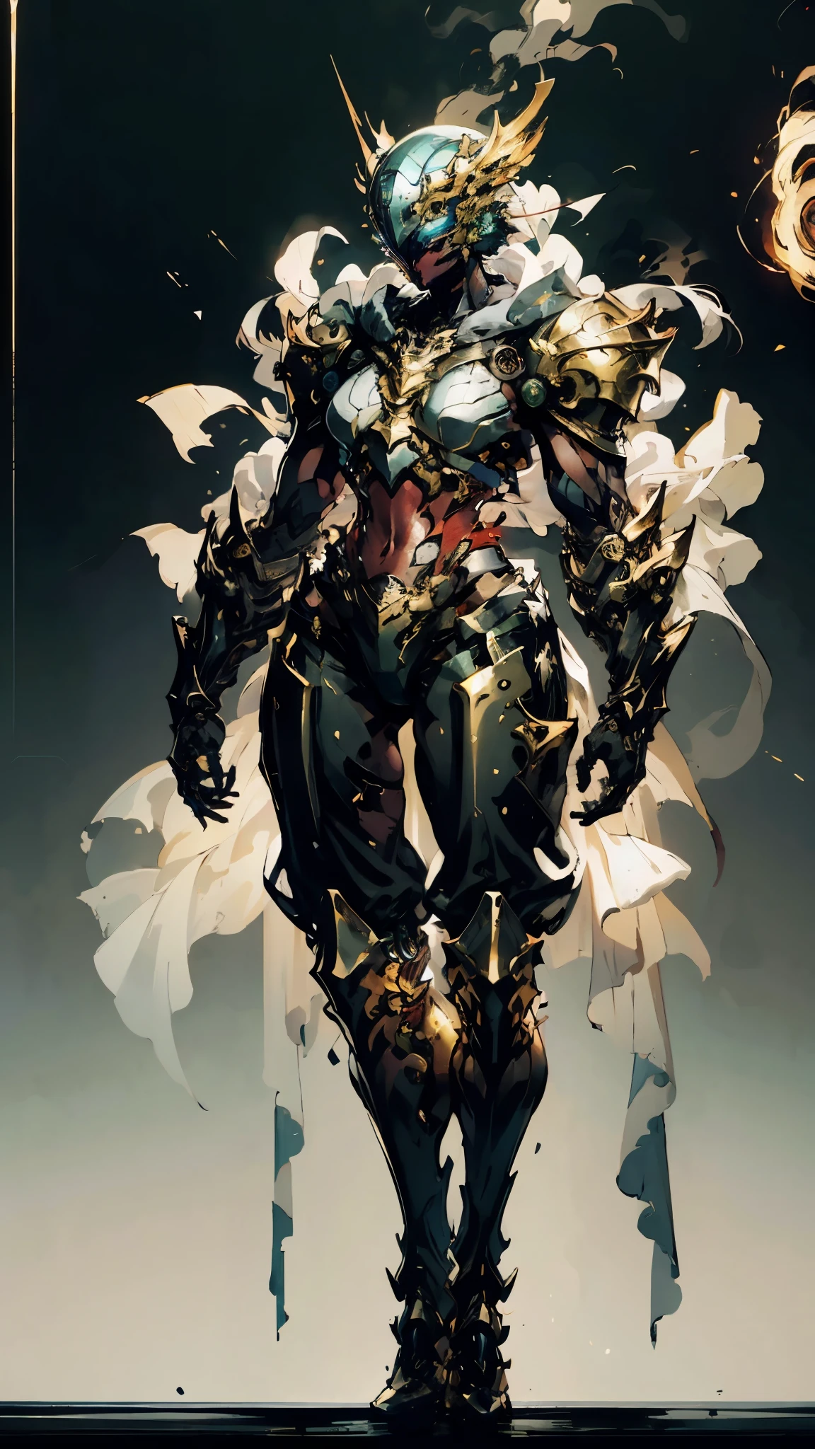 A woman adorned in fantasy-style full-body armor, a crown-concept fully enclosed helmet that unveils only her eyes, a composite layered chest plate, fully encompassing shoulder and hand guards, a lightweight waist armor, form-fitting shin guards, the overall design is heavy-duty yet flexible, (the armor gleams with a golden glow, complemented by red and blue accents), exhibiting a noble aura, she floats above a fantasy-surreal high-tech city, this character embodies a finely crafted fantasy-surreal style armored hero in anime style, exquisite and mature manga art style, (mixture of Queen bee and Spider concept Armor, plasma), ((Element, elegant, goddess, femminine:1.5)), metallic, high definition, best quality, highres, ultra-detailed, ultra-fine painting, extremely delicate, professional, anatomically correct, symmetrical face, extremely detailed eyes and face, high quality eyes, creativity, RAW photo, UHD, 32k, Natural light, cinematic lighting, masterpiece-anatomy-perfect, masterpiece:1.5