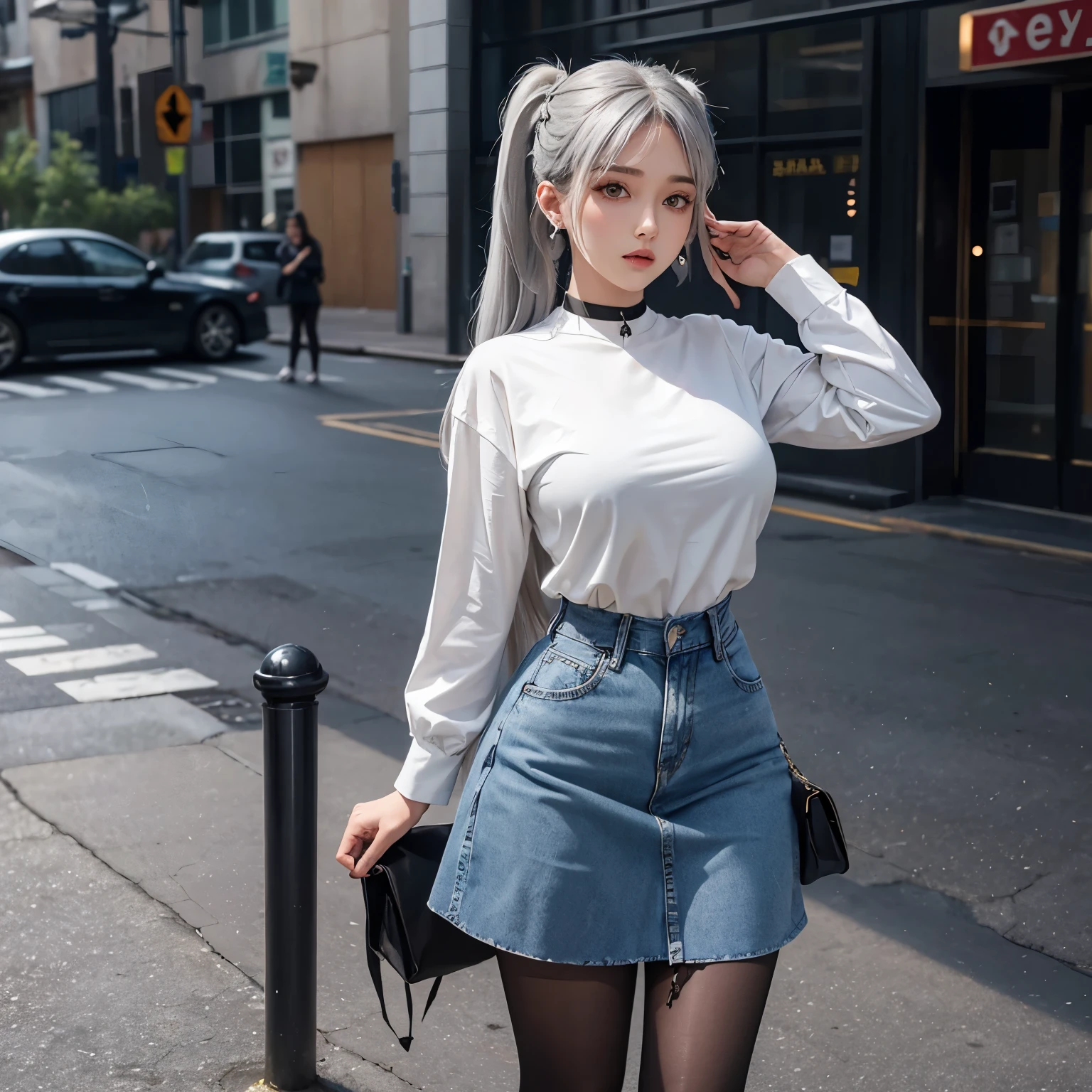 Alone,girl,gray hair,big breasts,shirt,denim,tights,high heels,lift the skirt,twin tails,thin legs,earrings,choker,I can see the whole body