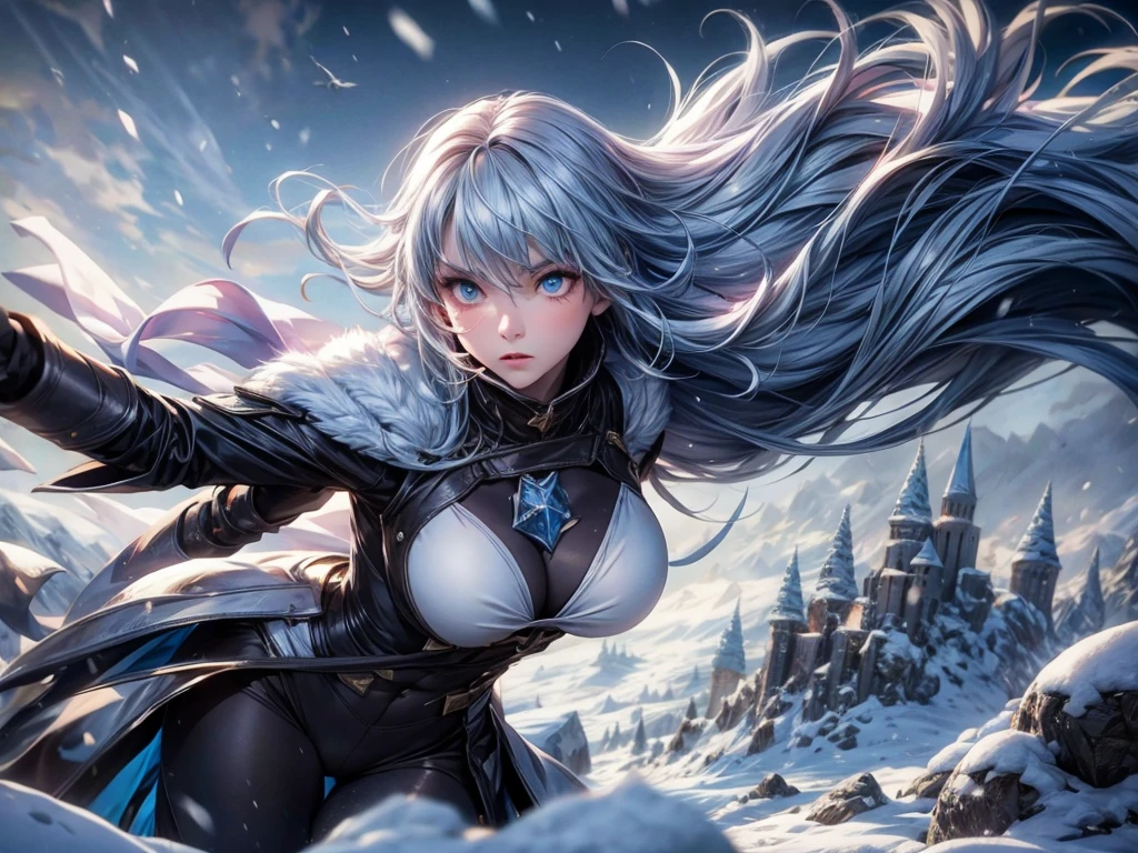 (highres:1.2), detailed girl, snowy landscape, intense battle, golem, magical powers, dynamic pose, determined expression, icy wind, jagged cliffs, towering snow-capped peaks, freezing cold, crisp air, muted colors, dramatic lighting.