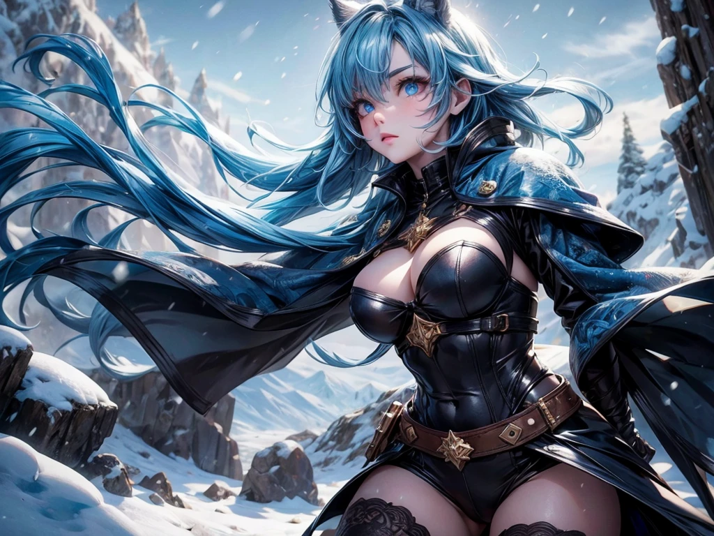 (highres:1.2), detailed girl, snowy landscape, (a fierce battle with the golem), magical powers, dynamic pose, determined expression, icy wind, jagged cliffs, towering snow-capped peaks, freezing cold, crisp air, muted colors, dramatic lighting.