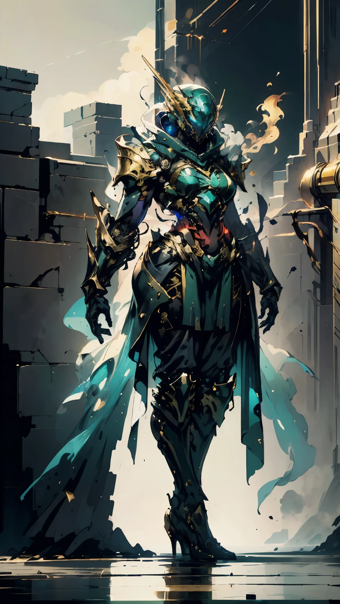 A woman adorned in fantasy-style full-body armor, a crown-concept fully enclosed helmet that unveils only her eyes, a composite layered chest plate, fully encompassing shoulder and hand guards, a lightweight waist armor, form-fitting shin guards, the overall design is heavy-duty yet flexible, (the armor gleams with a golden glow, complemented by red and blue accents), exhibiting a noble aura, she floats above a fantasy-surreal high-tech city, this character embodies a finely crafted fantasy-surreal style armored hero in anime style, exquisite and mature manga art style, (mixture of Queen bee and Spider concept Armor, plasma), ((Element, elegant, goddess, femminine:1.5)), metallic, high definition, best quality, highres, ultra-detailed, ultra-fine painting, extremely delicate, professional, anatomically correct, symmetrical face, extremely detailed eyes and face, high quality eyes, creativity, RAW photo, UHD, 32k, Natural light, cinematic lighting, masterpiece-anatomy-perfect, masterpiece:1.5