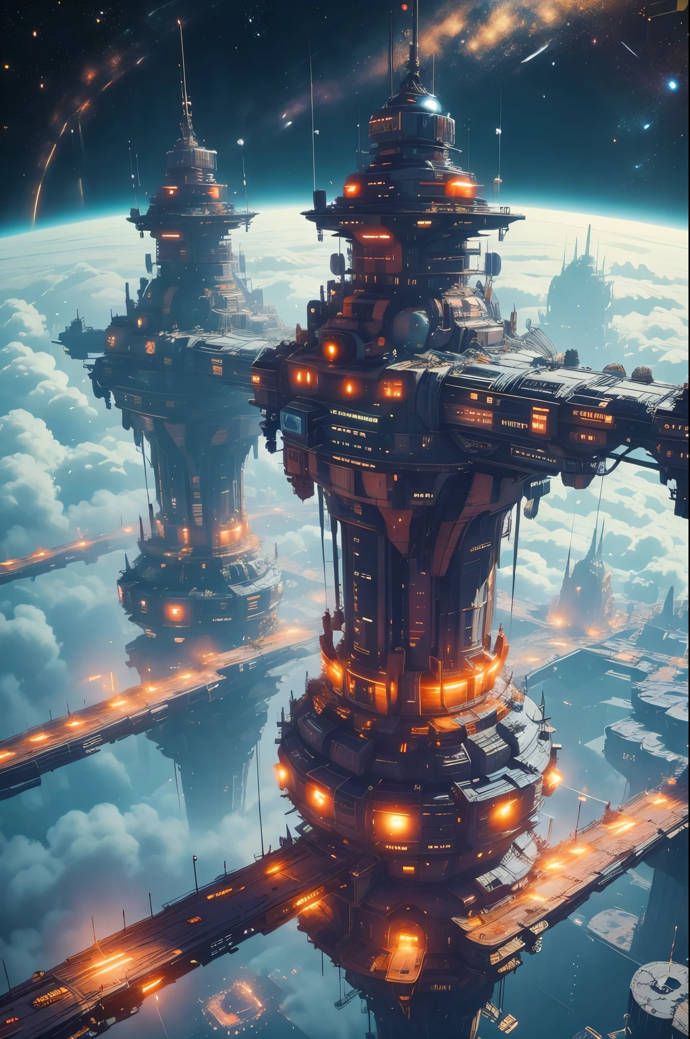 (best quality,highres),sci-fi,futuristic,space station,spaceship,detailed futuristic design,advanced technology,cosmic atmosphere,glowing lights,dark background,stars,distant galaxies,modern architecture,zero gravity environment,digital screens,curved corridors,high-tech equipments,sleek spacesuits,vivid colors,impressive scale,mysterious atmosphere,large observation windows,interstellar travel,expansive views,unexplored territories,awe-inspiring scenery,unfamiliar alien lifeforms,adventure,exploration,spacecraft docking,orbital maneuvers,thrusters firing,grand space opera,distant future,intergalactic mission,robotic companions,stellar discoveries,extraterrestrial encounters,impressive visual effects,multiple dimensions,parallel universes,distant civilizations,dynamic energy,cosmic energy flow,harmony between technology and nature.