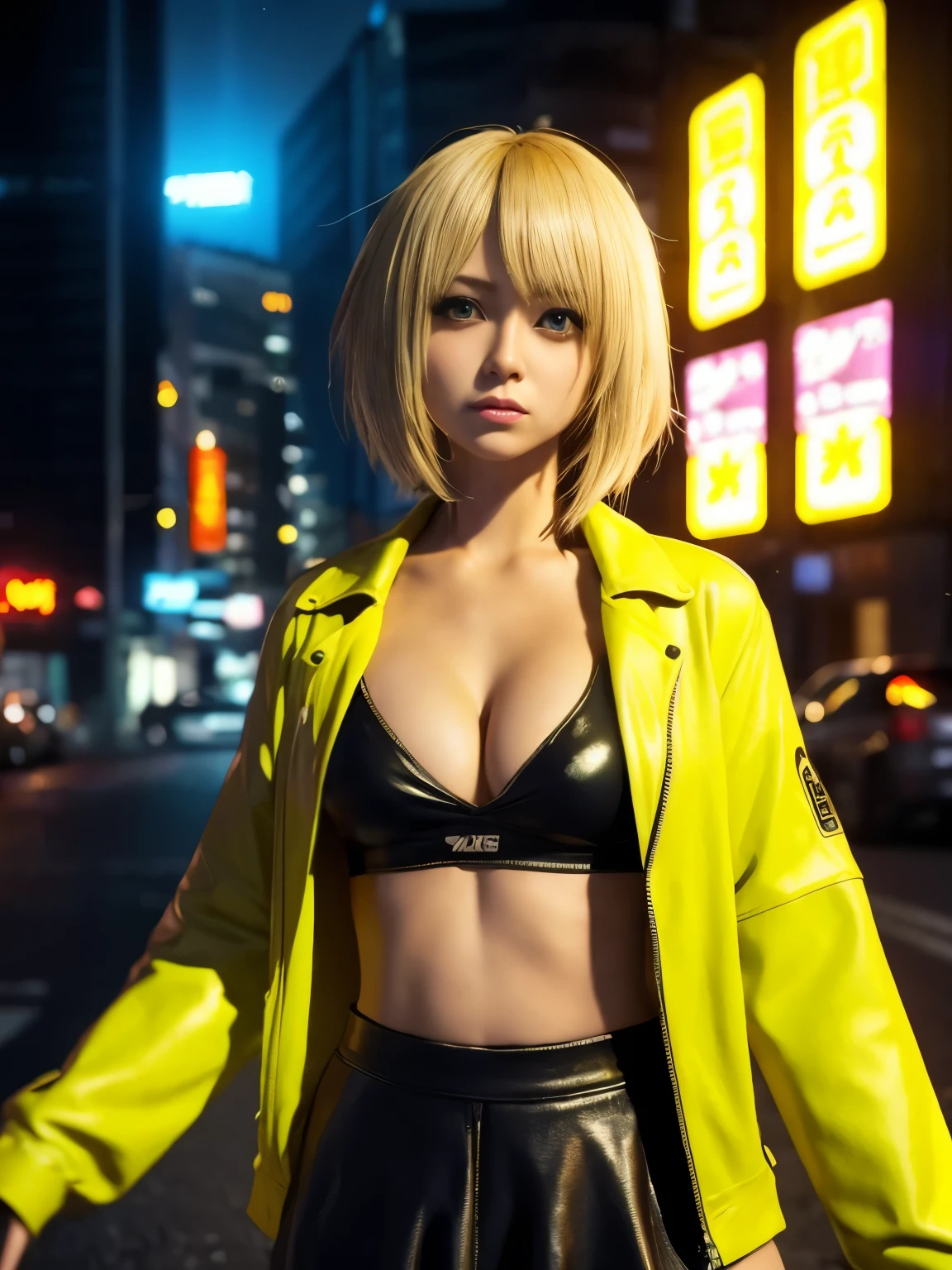 20 year old girl with blonde hair in a purple leather jacket standing in a post-apocalyptic cloudy futuristic, Photorealistic anime girl rendering | |, realistic 3d style, 4k, Art is not Gweiz style, cute 3d girl rendering, , | |, neon light, chest grandes, cleavage roupas futuristas, sexy, Survivors, torn and short clothes, Real Eyes 4 Neon City, Cyberpunk sexy, Russia,I have a bruise on my body、bandaged, neon light, chest, tight and short clothing, cleavage e saia, black skirt, yellow jacket, Neon buildings on the background, beautiful, sexy, feminine body,yellow clothes, cleavage, be familiar with, chest, Mamas, NSFW