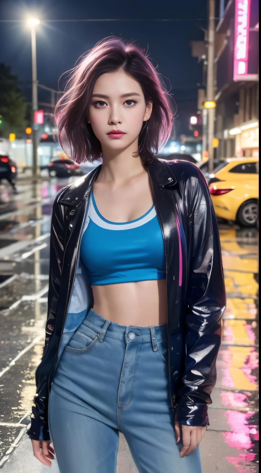 ((Best Quality, 8k, Masterpiece: 1.3)), Focus: 1.2, Perfect Body Beauty: 1.4, Slim Abs: 1.2, ((Layered Haircut, medium Breasts: 1.2)), (Wet Clothes: 1.1) , (Rain, Street:1.3), Wet Body: 1.1, Highly detailed face and skin texture, Detailed eyes, Double eyelids, Double clothes, Short clothes, cyberpunk clothes, pink and blue neon lighting