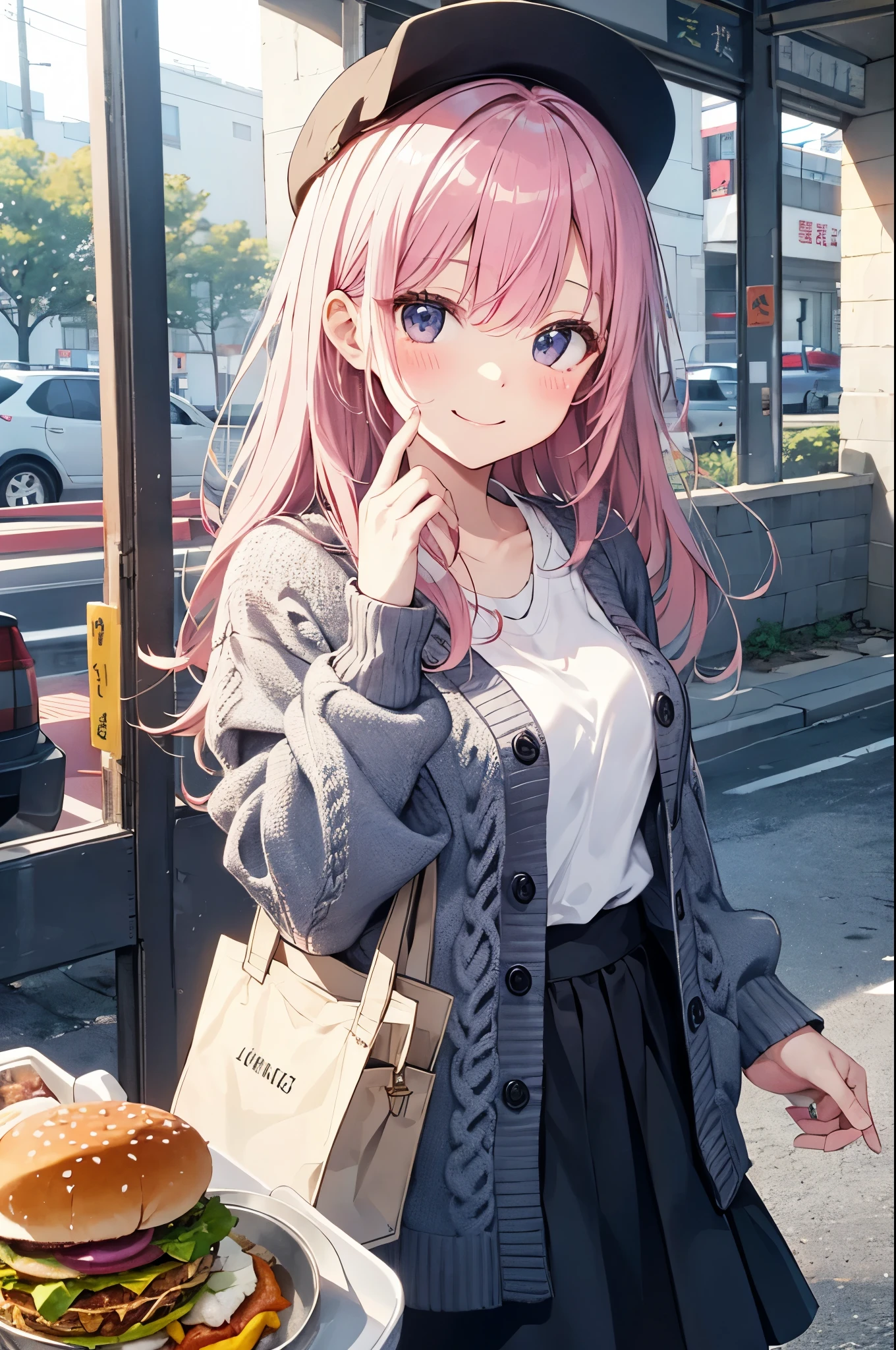 （Pretty sister:1.3）、happy face,spring atmosphere、cardigan、noon、aggressive、hot、hamburger、pink hair