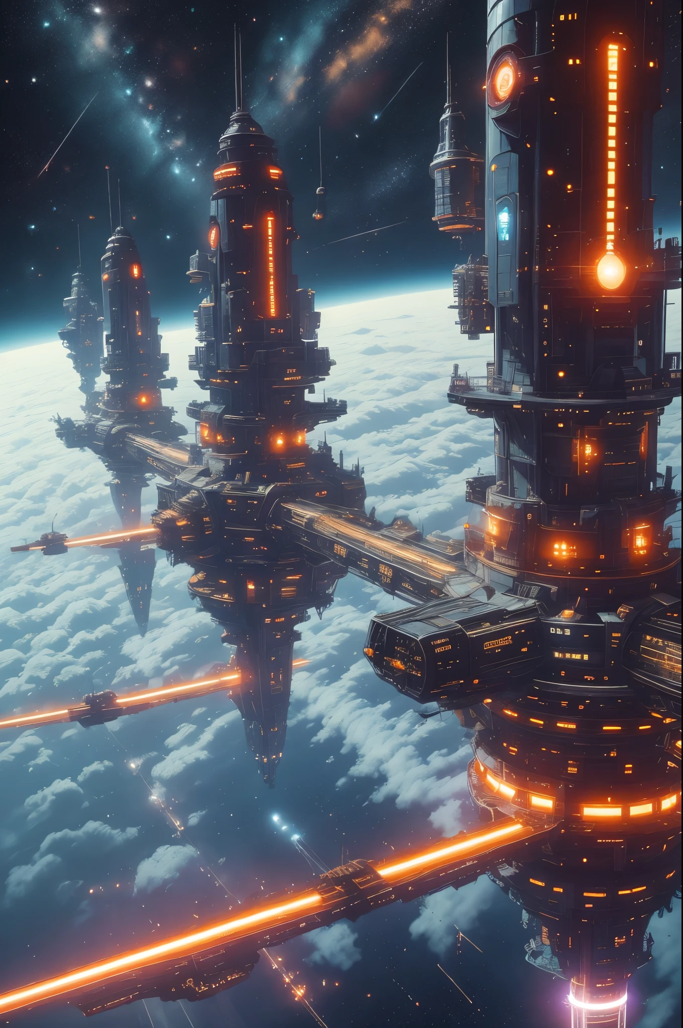 (best quality,highres),sci-fi,futuristic,space station,spaceship,detailed futuristic design,advanced technology,cosmic atmosphere,glowing lights,dark background,stars,distant galaxies,modern architecture,zero gravity environment,digital screens,curved corridors,high-tech equipments,sleek spacesuits,vivid colors,impressive scale,mysterious atmosphere,large observation windows,interstellar travel,expansive views,unexplored territories,awe-inspiring scenery,unfamiliar alien lifeforms,adventure,exploration,spacecraft docking,orbital maneuvers,thrusters firing,grand space opera,distant future,intergalactic mission,robotic companions,stellar discoveries,extraterrestrial encounters,impressive visual effects,multiple dimensions,parallel universes,distant civilizations,dynamic energy,cosmic energy flow,harmony between technology and nature.