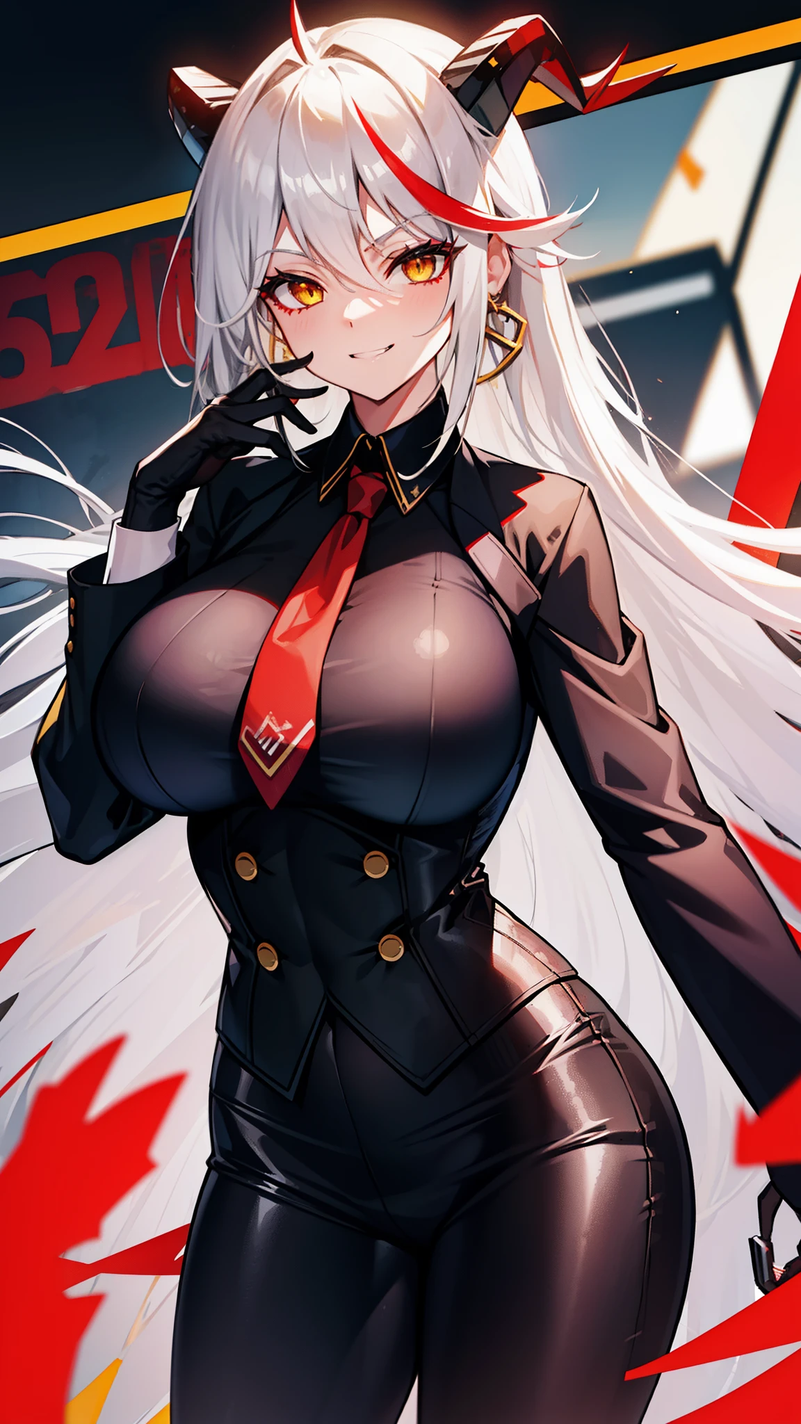 closed mouth, huge breasts, looking at the audience, white hair,,long hair,black horn,red multicolored hair,yellow eyes,,,,office lady,,grin,office room,standing,slim,business suit　,cowboy shot,,office lady,business suit,1 office worker,an office worker,necktie