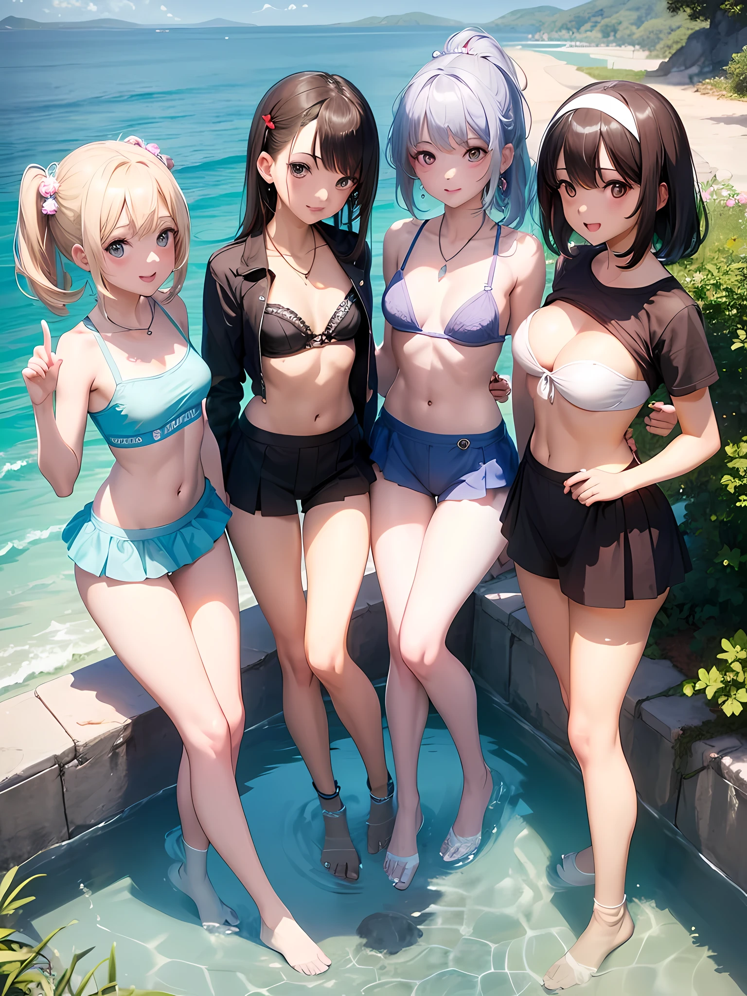 ((highest quality)), ((masterpiece)), (3 girls:1.3), cute three girls are posing for a camera outdoors in the water, shirtを持ち上げる,micro bikini,very small bra,The wind flips my skirt, three people standing in a row, (Close-up shot from the knee:1.3), perfect face, smile, (open your mouth and smile:1.3), ray tracing, (bubble butt), bend over, hair band, head band, hair bobble, blouse, shirt, (pastel colored underwear), (high resolution eyes:1.5), (High definition finger 1.5), light smile, realistic, knee socks, Asian, Westerners, silver hair, brown hair, blonde, (belly button), jewelry, looking at the viewer, necklace, water, small breasts, Wet, long hair, short hair, (abs),