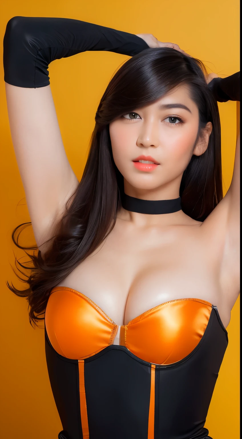 ((Best quality, 8k, Masterpiece :1.3)), Sharp focus :1.2, Chinese artist. 24 year's old. body. Slim. Skinny. Slender. Charming. Make-up face. Orange lipstick. eye details. double eyelids. Mascara. ((Long layered hair)) Stockings. BDSM, Slave, rubber, Black corset, shackles, collar, NSFW_Raise both your hands straight. Lift your two armpits straight. Above head. Show the texture of your armpits. In front of the camera. Armpit detail. Smooth armpits. Fine. And good. Seductive armpits. In the room. °mix4, 20d,Hiper-realistis:1.37),16K HD