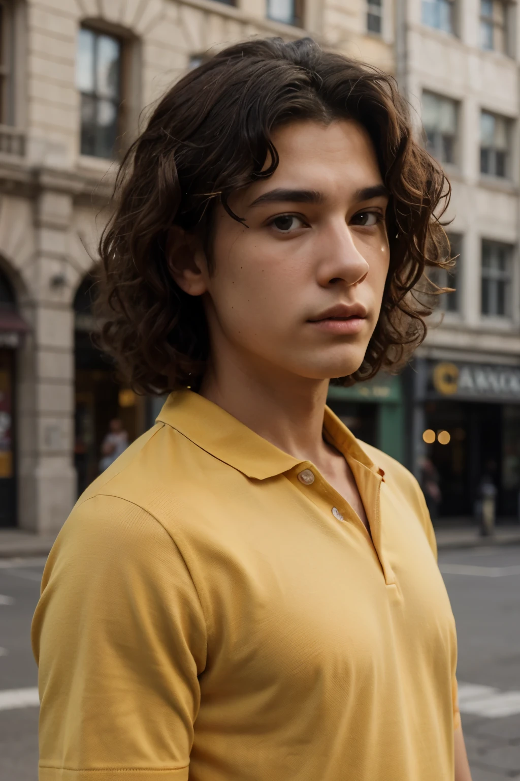 3d Pixar-style image of a young man with curly hair black eyes in brown canary yellow polo shirt
