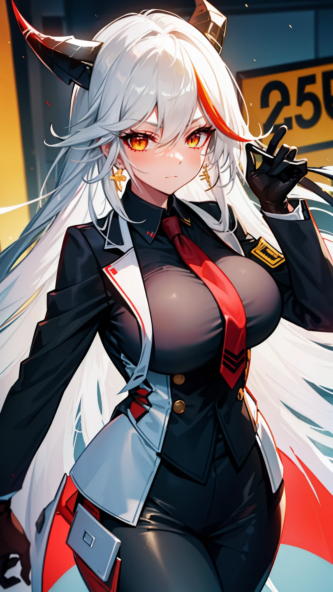 Best quality, 1girl, short hair, white hair, green eyes, white blazer, uniform, black skirt, red necktie,