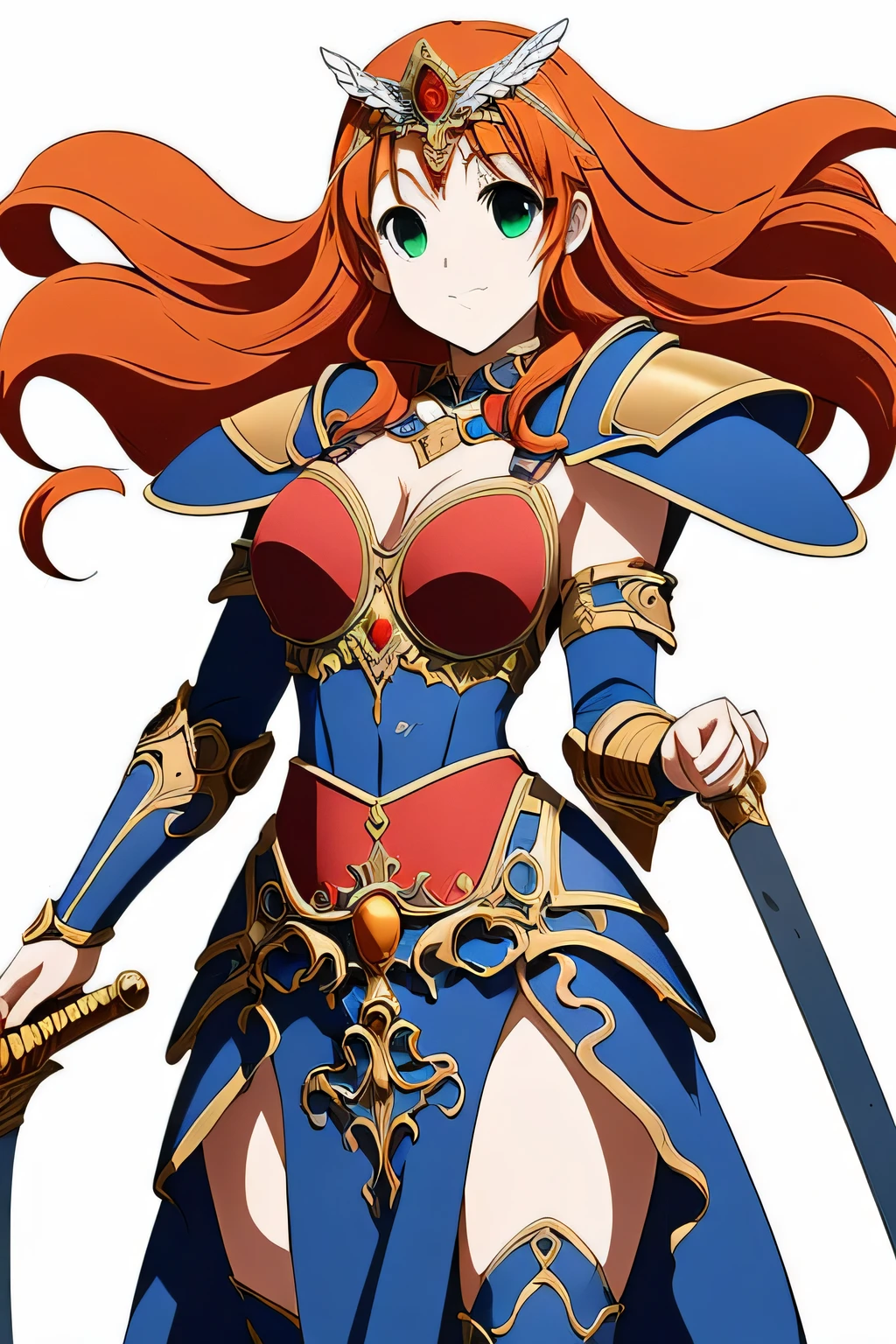 (masterpiece, highest quality:1.2),Lucia,1 girl,alone,green eyes,orange hair,very long hair,red armor dress,cowboy shot,wing tiara,((blue pelvic curtain armor)),((blue waist armor)),blue shoulder armor,(blue cuff),blue knee boots,pauldron,blue armor belt,with a sword