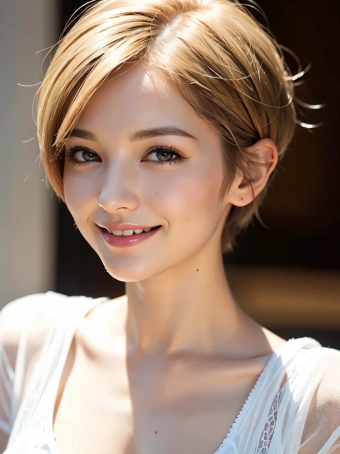 Very, very, very short hair woman smile pixie cut