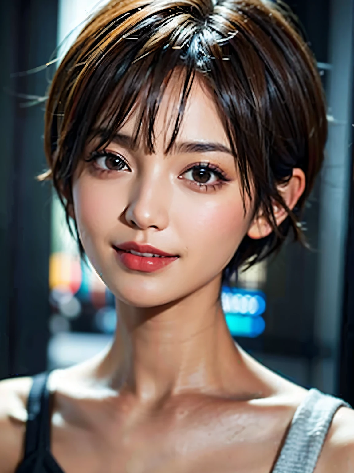 A woman with very, very short hair, pixie cut, smile