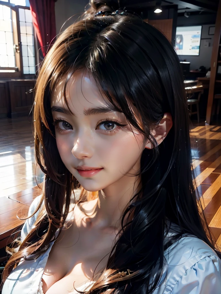 masterpiece, best quality, {best quality}, {{masterpiece}}, {high resolution}, focus, anime style, Cartoon close-up of a woman, girls design, portrait, gisha, anime image, long hair, black hair, look directly, hair covering ears, happy, Polished and powerful look, out of tune, High, smiling, chic, rich and colorful, color  
