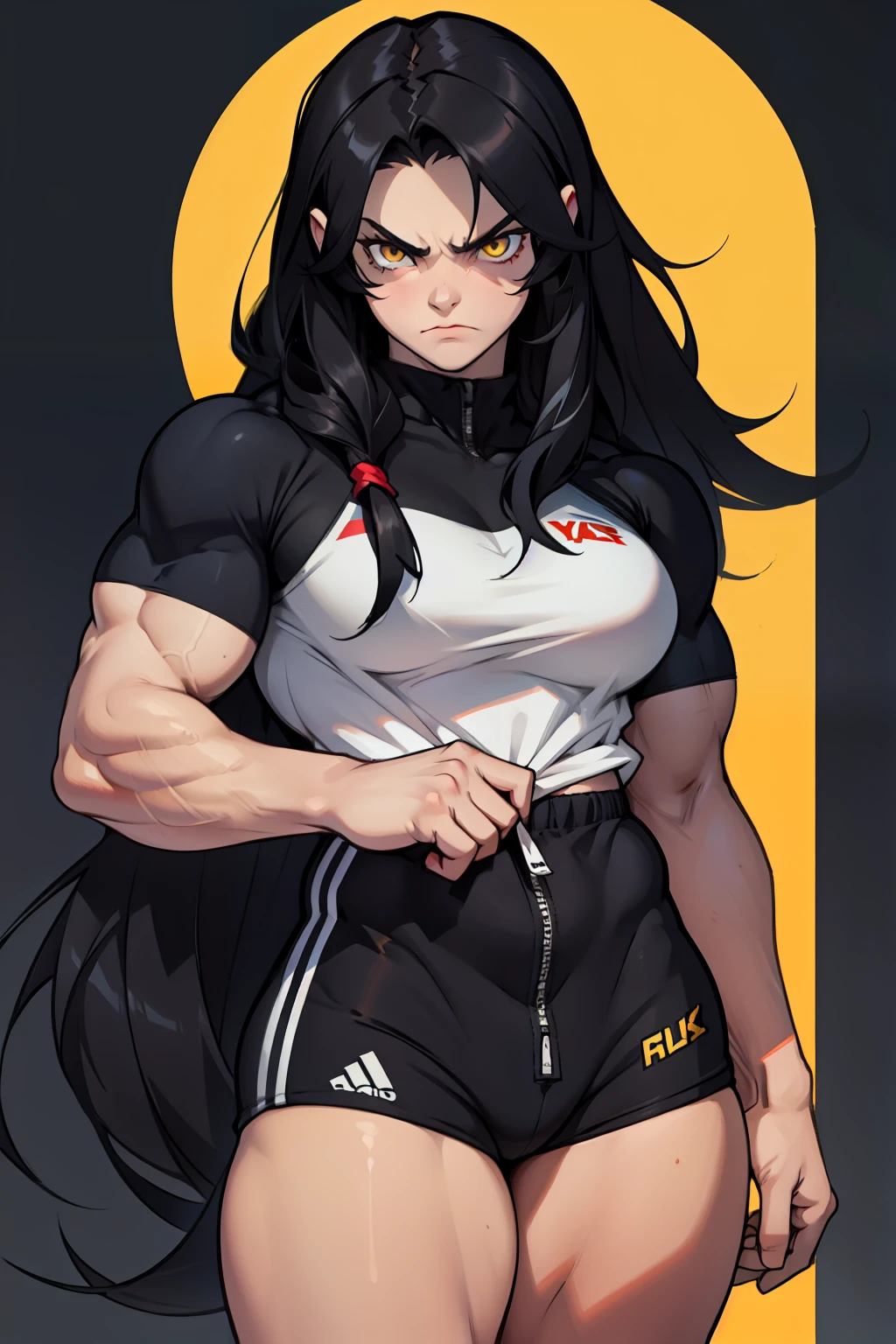 angry ((((1girl)))) (((bodybuilder))) pale skin black hair very long hair yellow eyes