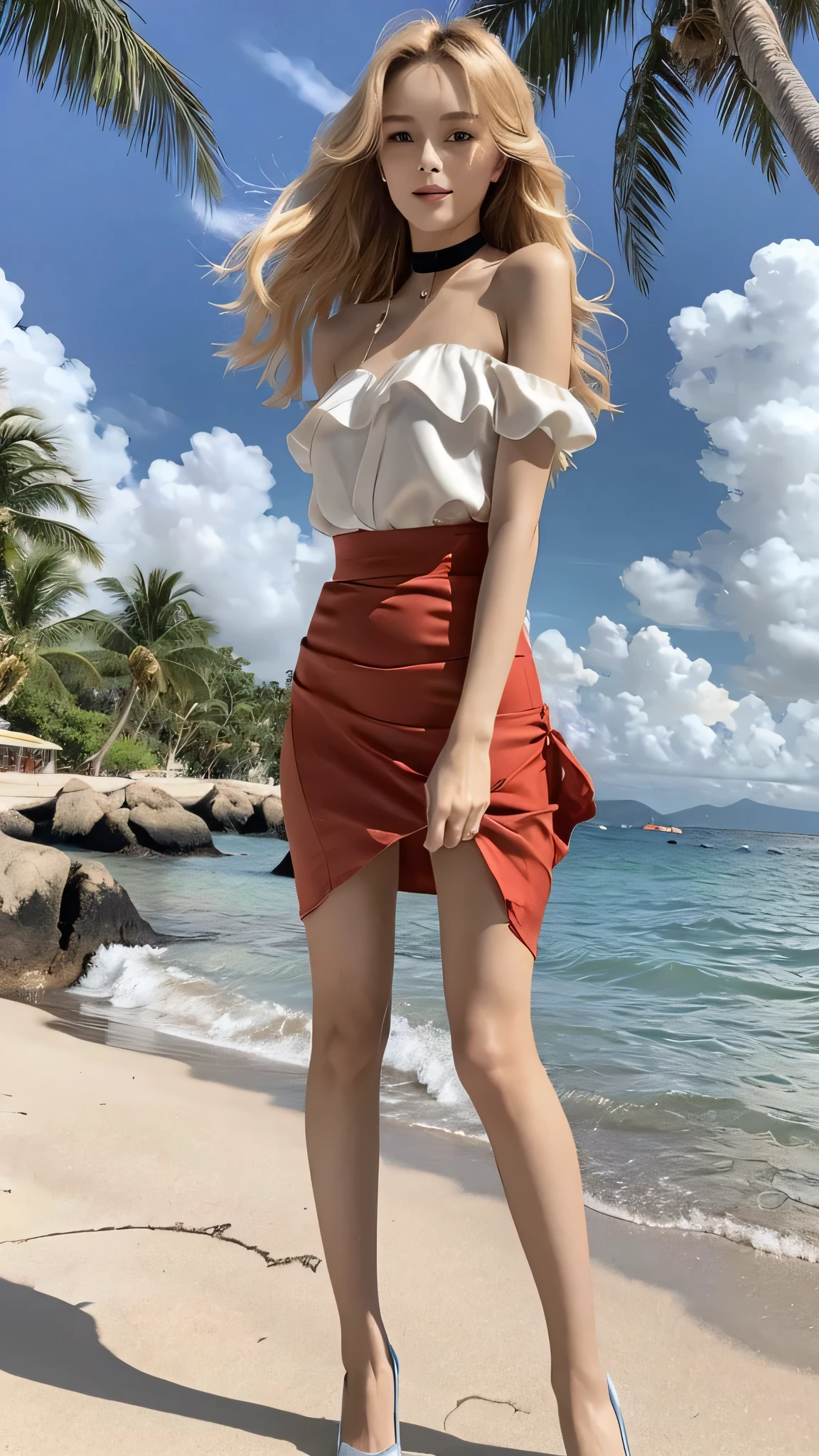 (full body figure:1.2), (nine heads and bodies:2.0), (thin thighs), (thin and long legs: 2.0), (pumps:1.2), Transparent white glossy skin, 25 years old, cute sexy little handsome face, thin face, pink lips, parted lips, ( Hair parted to one side:1.5), light blue eyes, sexy face, sexy cute young woman, Long natural blonde shiny hair, choker, ( silky red sexy tops:1.3), (silky red tight skirt :1.3), Blonde shiny light hair, natural wavy hair, (intricate details: 1.2), almond eye, (detailed face), Beautiful smile, My cheeks turned red, Medium chest, slender body shape, tight waist, small ass, (people)visible part of the thigh between the skirt of, beautiful hands, thin shoulders, look at the audience, Wind-blowing skirt, woman posing for a photo, standing facing forward, Composition that shows from above the knees to the head, The sea shining in the morning sun, tropical island々, Palm tree