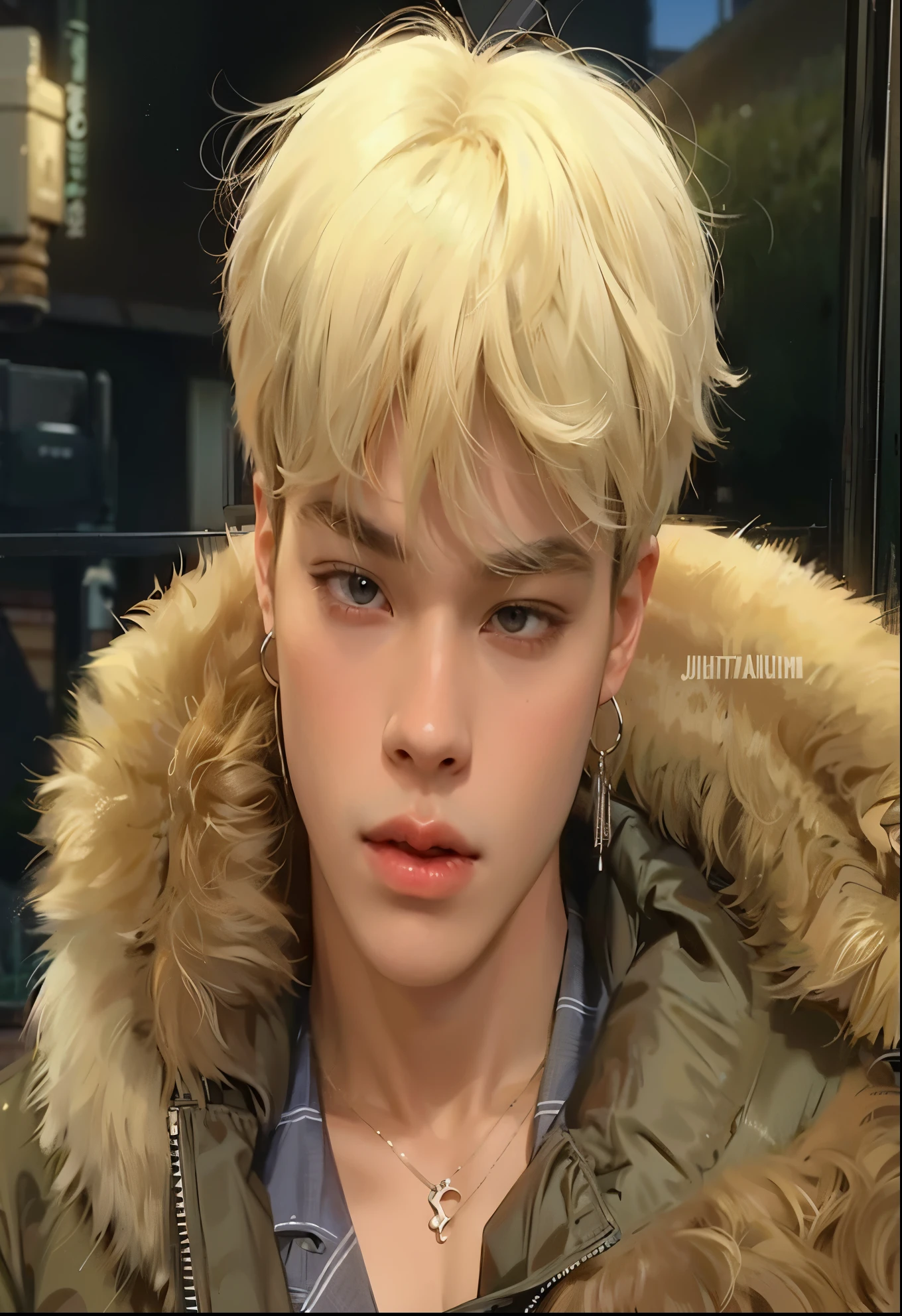 un primer plano de una persona que lleva una chaqueta y un collar, accurate Jimin face, Jimin\los labios carnosos, Jimin\his right eyelid is swollen, park Jimin, Jimin\la nariz griega, Jimin, Jung Jaehyun, kim doyoung, chico rubio con ojos amarillos, kim taejin, con pelo corto, very very pale blonde hair, Park Jimin, Jimin, Jimin bts, BTS, Asiatic boy, Korean face, Korean male face, Korean face cute 
