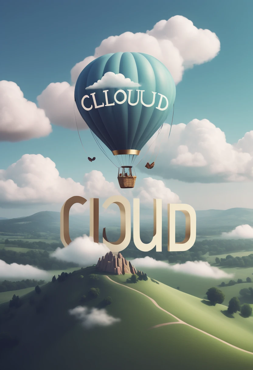 Logo "cloud", text as "cloud", creative Font Design, typeface, spirit of cloud, Message card design, magical letter-shaped hill, Hot air balloon, txt says "cloud"