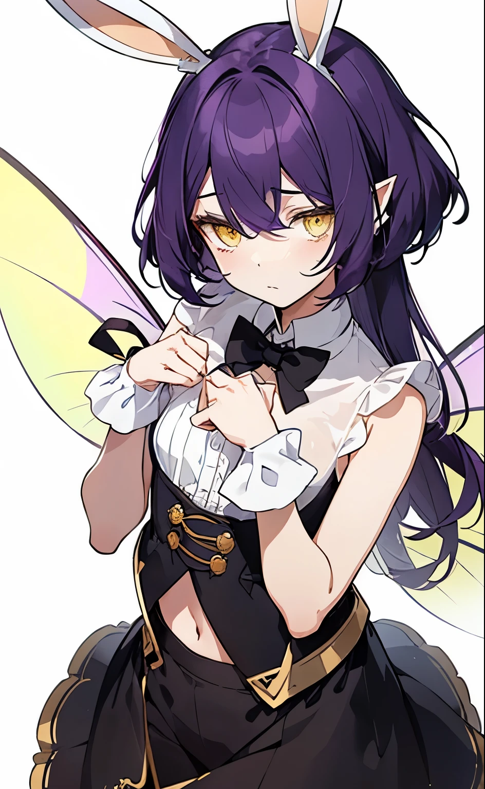white background, top-quality, character design, fantasy anime concept art, 1girl, androgynous, sleepy girl, sheer blouse, magical fairy, revealing butler outfit, cropped tailcoat, boyish clothes, sleeveless tailcoat, mature expression, exhausted expression, uninterested expression, genshin character, boyish features, (exposed midriff), (white rabbit ears:1.3), tired yellow eyes, half-lidded eyes, fairy, purple hair, flat bangs, wavy long hair, (yellow insect fairy wings:1.3), tired, dynamic resting pose