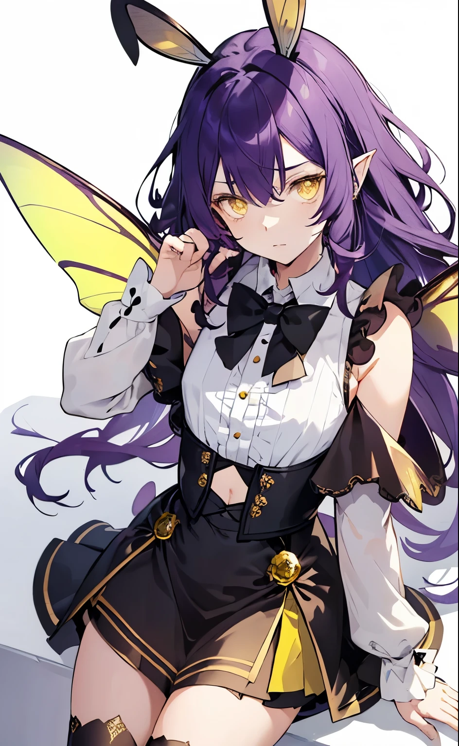 white background, top-quality, character design, fantasy anime concept art, 1girl, androgynous, sleepy girl, sheer blouse, magical fairy, revealing butler outfit, cropped tailcoat, boyish clothes, sleeveless tailcoat, mature expression, exhausted expression, uninterested expression, genshin character, boyish features, (exposed midriff), (white rabbit ears:1.3), tired yellow eyes, half-lidded eyes, fairy, purple hair, flat bangs, wavy long hair, (yellow insect fairy wings:1.3), tired, dynamic resting pose