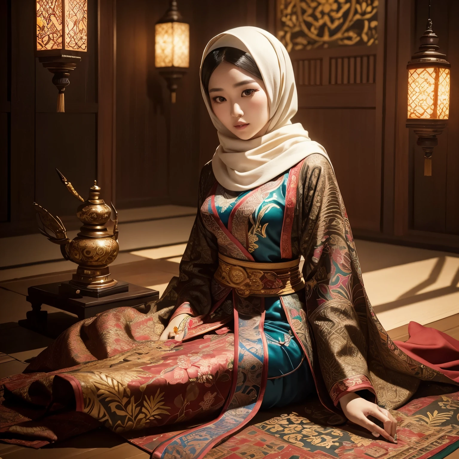 A very beautiful Korean or Asian woman adorned in a hijab, featuring intricate batik patterned leaves, sits in the midst of a full, elegant background. The Wayang, a Javanese cultural symbol, rests beside her. The camera angle captures the scene from the front and far enough to showcase everyone in a full-body shot.