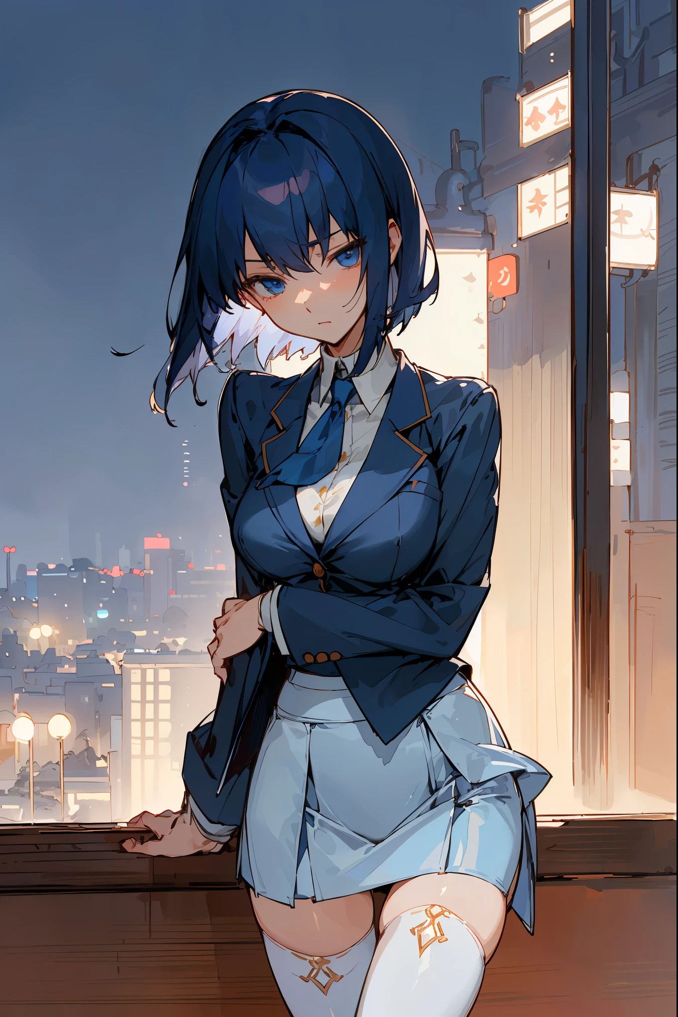 masterpiece,best quality,1woman solo,cowboy shot,20 year old beauty、dark blue hair,short  hair,blue eyes,ideal ratio body proportions,slender body,medium breasts,gleaming skin,Perfect Anatomy:1.2,standing,(navy blue blazer jacket,white tight skirt、mini skirt、thigh_gap, white_thighhighs),((繁華街、都市、雑踏、ネオン、夜間、東京)),