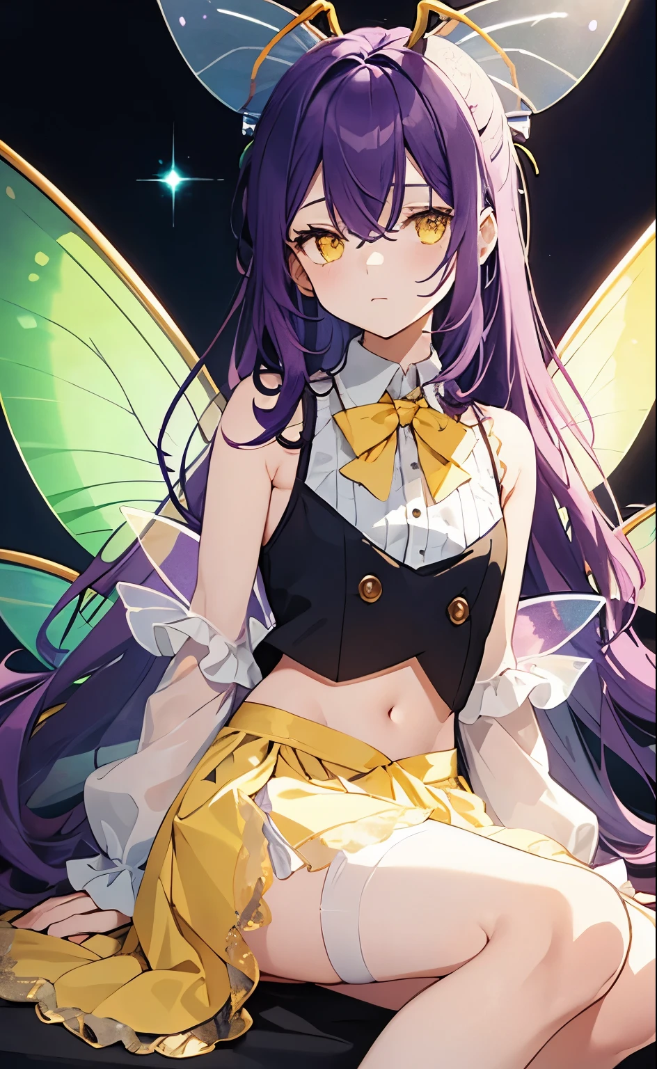 white background, top-quality, character design, concept art, 1girl, androgynous, sleepy girl, sheer blouse, magical fairy, revealing butler outfit, cropped tailcoat, sleeveless tailcoat, (genshin character:0.8), boyish features, (exposed midriff), white rabbit ears, resting pose, tired yellow eyes, half-lidded eyes, fairy, purple hair, flat bangs, wavy long hair, (yellow insect fairy wings:1.3), tired, young, dynamic resting pose, fantasy