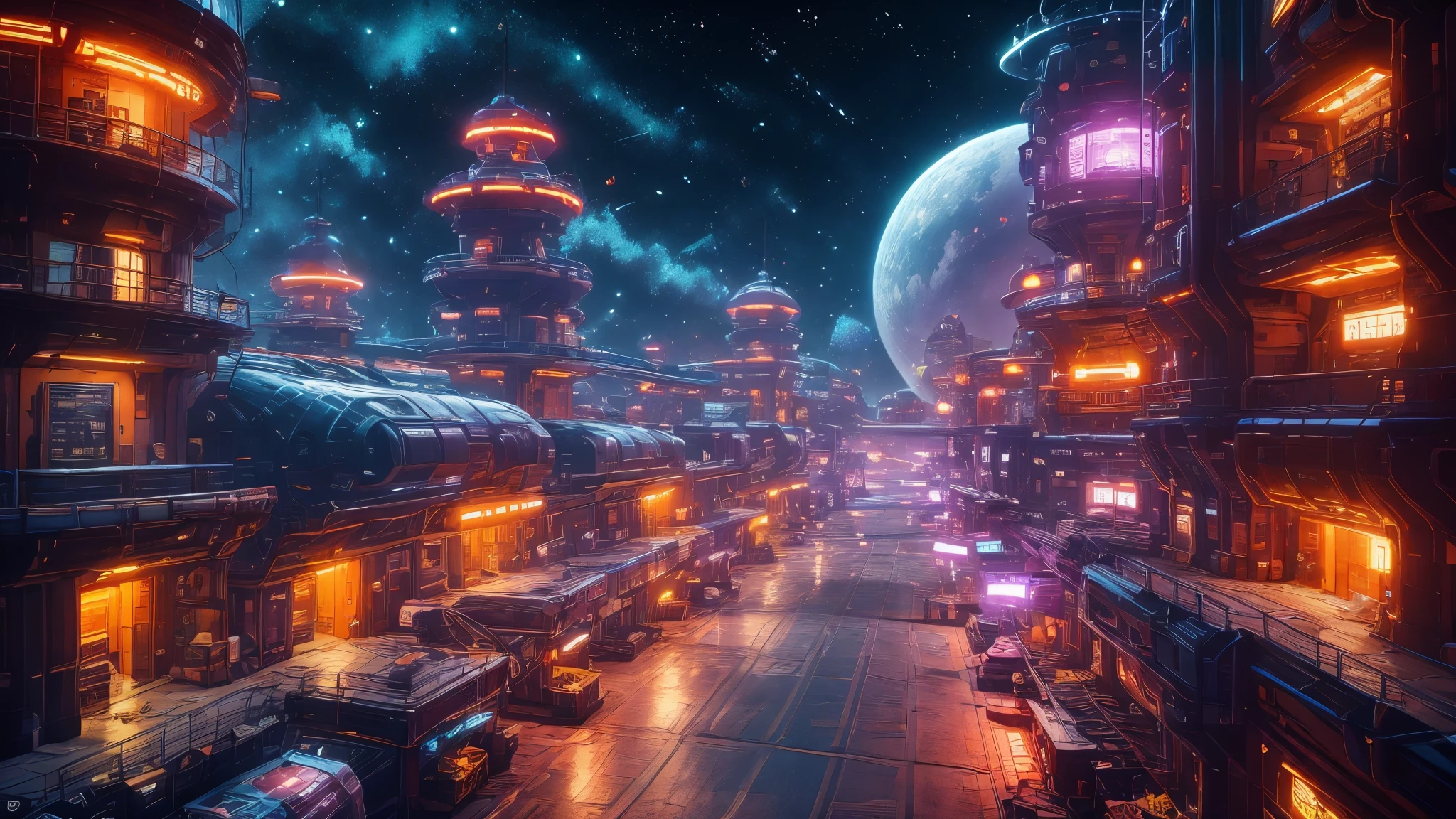 COMG3O,a space station floating in the vastness, bustling with activity, an architectural marvel with sleek designs and cutting-edge technology, surrounded by the awe-inspiring beauty of the cosmos, astronauts in futuristic spacesuits performing experiments and conducting research, a bustling hub of scientific exploration and innovation, with a panoramic view of the Earth below, shimmering with city lights and glowing in vibrant hues, a bustling metropolis in space, with towering skyscrapers and interconnected tunnels, filled with diverse cultures and bustling markets, a fusion of humanity's achievements and dreams, an emblem of our boundless curiosity and ambition, bathed in the soft glow of starlight and illuminated by the mesmerizing colors of the Northern Lights, a testament to the marvels of engineering and the indomitable spirit of exploration, casting a spell of wonder and inspiration. (best quality,4k,8k,highres,masterpiece:1.2),ultra-detailed,(realistic,photorealistic,photo-realistic:1.37),HDR,UHD,studio lighting,ultra-fine painting,sharp focus,physically-based rendering,extreme detail description,professional,vivid colors,bokeh,portraits,landscape,horror,anime,sci-fi,photography,concept artists,colorful and vibrant,subtle and ethereal,immersed in a warm and golden glow,soft and diffused lighting,creating a sense of tranquility and serenity