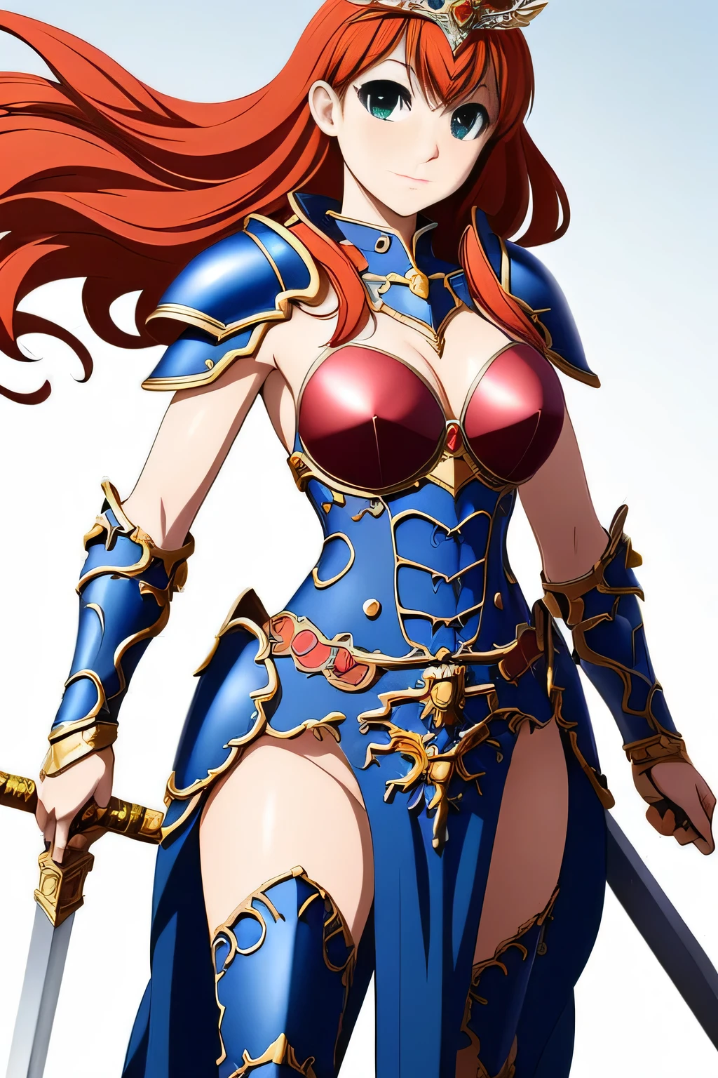 (masterpiece, highest quality:1.2),Lucia,1 girl,alone,green eyes,orange hair,very long hair,red armor dress,cowboy shot,wing tiara,((blue pelvic curtain armor)),((blue waist armor)),blue shoulder armor,(blue cuff),blue knee boots,pauldron,blue armor belt,with a sword