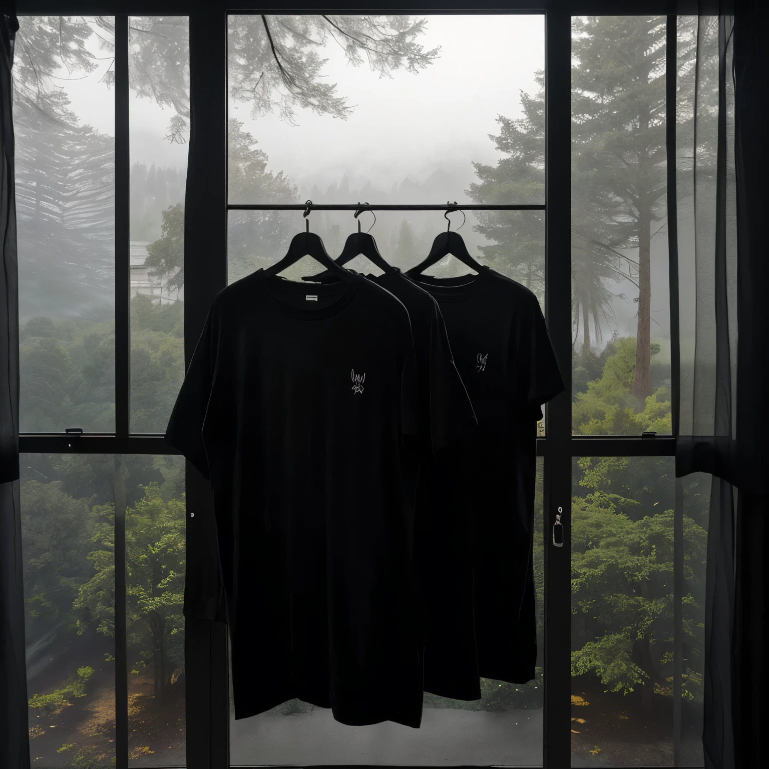 A black t-shirt on a hanger hanging in front of a window of a modern mansion Hidden in the middle of the trees with a view of the mountains on a foggy day, Black Aesthetic